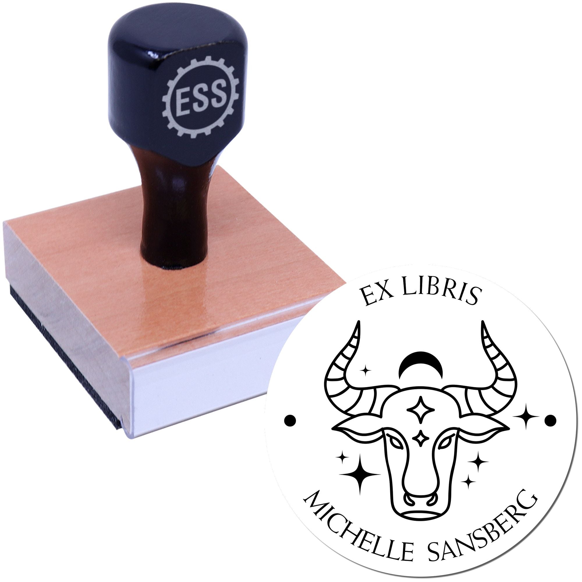 Wood Handle Taurus with Half Moon Custom Made Bookworm Stamp
