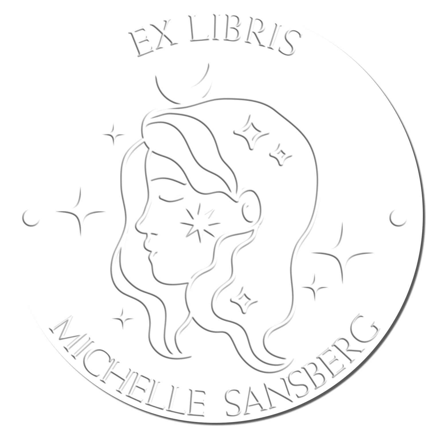 Silver circular ex libris stamp seal with a womans profile, sparkles, and embossed text Michelle Sansberg
