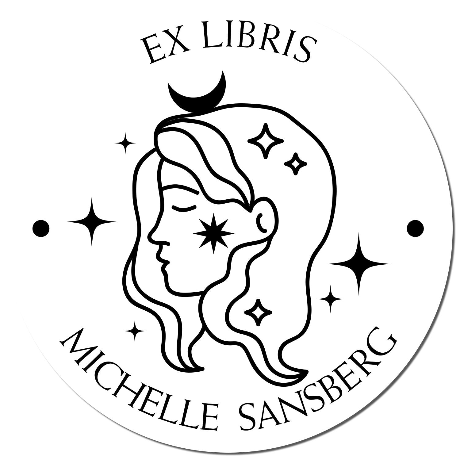 Black-and-white Ex Libris stamp seal with stylized female face, crescent moon, stars, and text Michelle Sansberg.