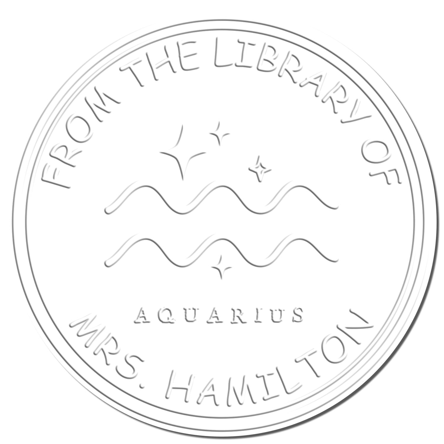 Circular gray library stamp seal reading From the Library of Mrs. Hamilton, with Aquarius symbol, waves, and stars on white.