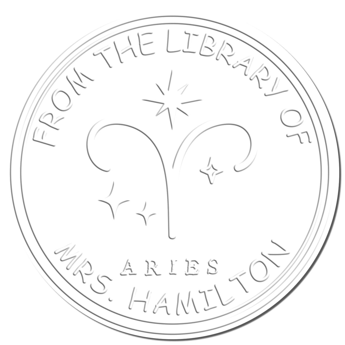 Shiny Aries library stamp with star design and "This Book Belongs To" seal, featuring astrological Aries symbols and custom imprint.