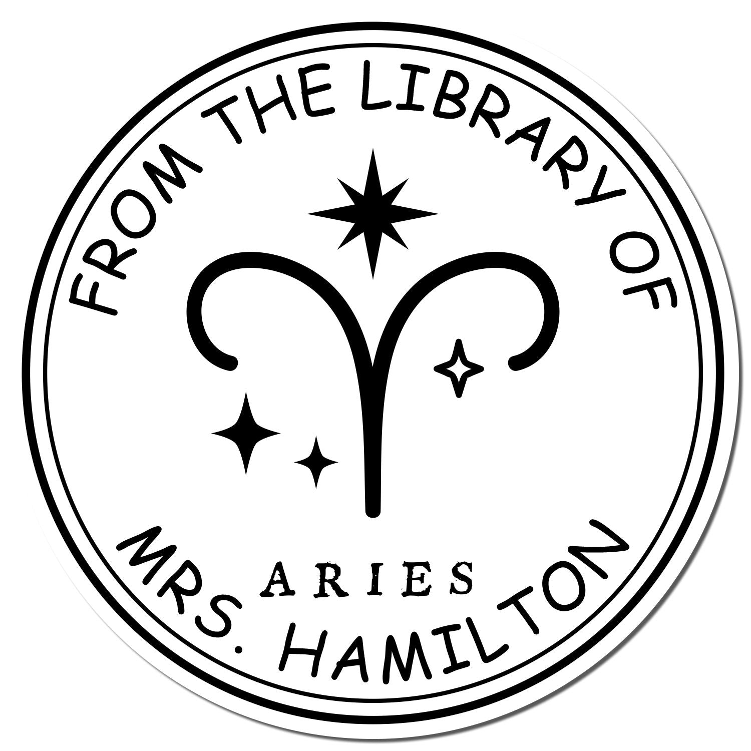 Black-and-white circular library stamp seal with Aries symbol, stars, and text From the Library of Mrs. Hamilton ARIES.