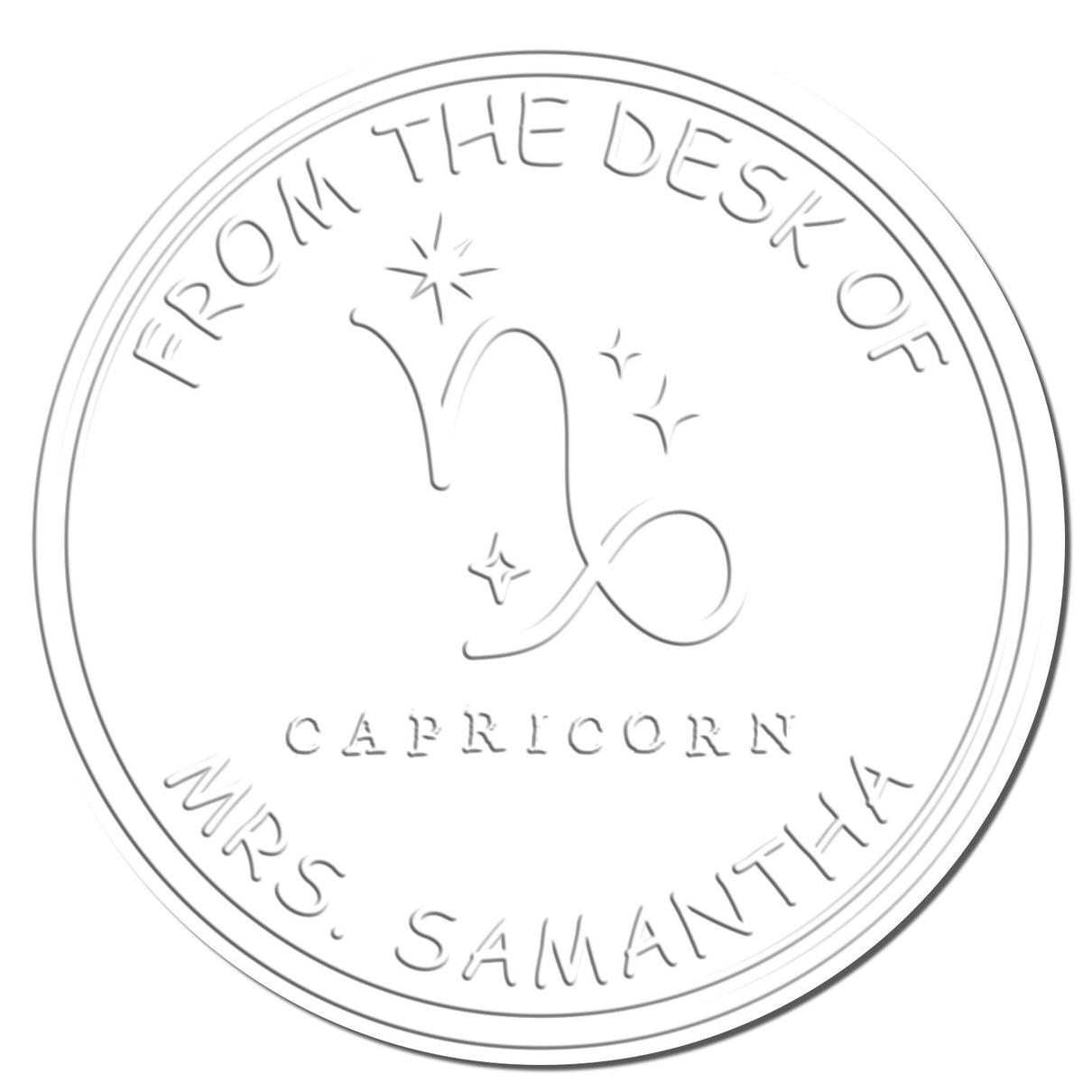 Shiny Soft Capricorn Library personalized astrological stamp with star design and embossed "Belongs To" imprint on white background.