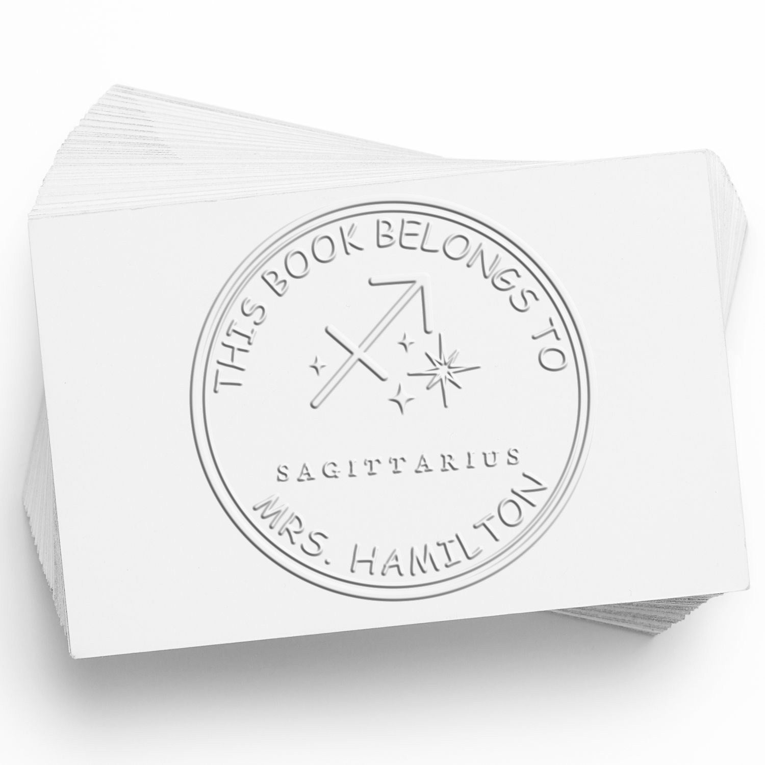 Soft Sagittarius Library with Stars Personalized Bibliophile Embossed Stamp