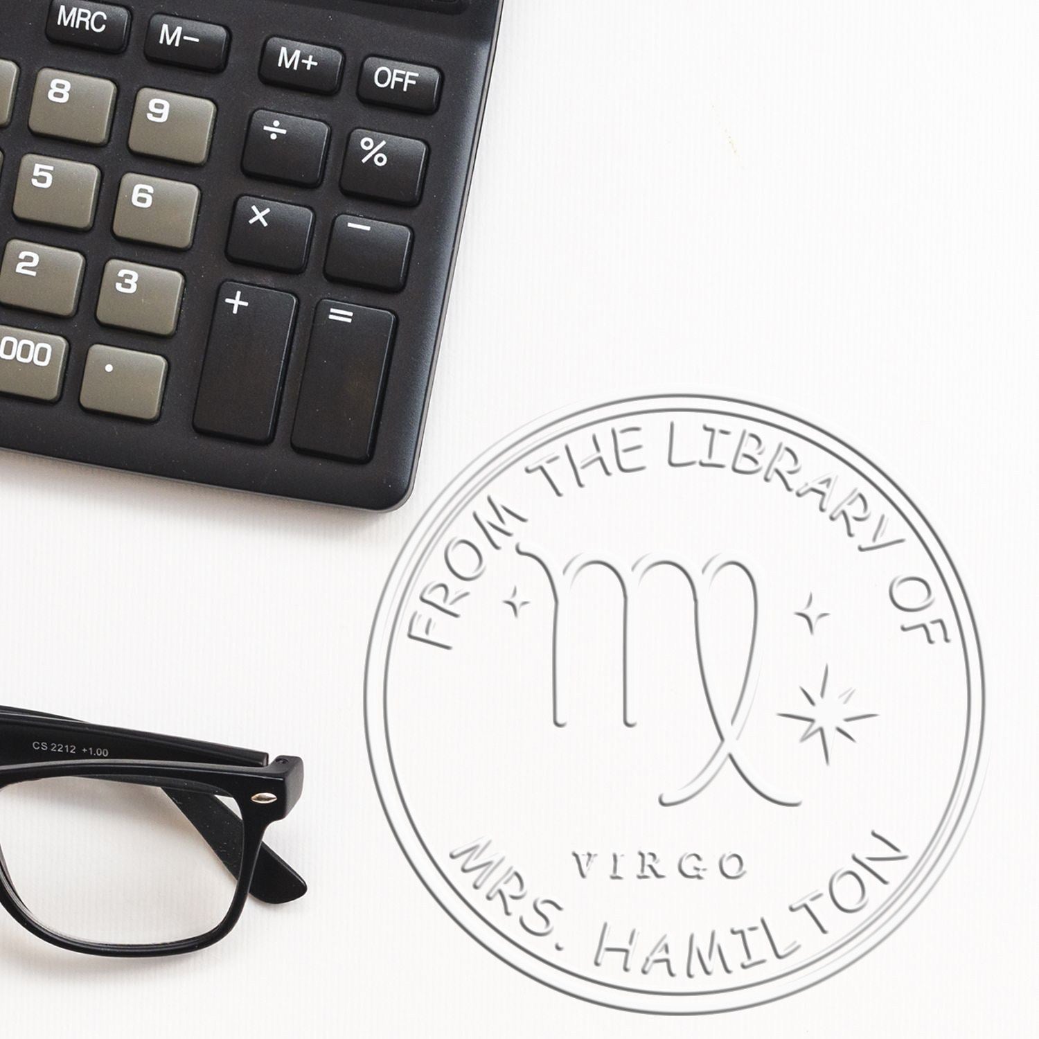 Soft Virgo Library with Stars Personalized Bibliophile Embossing Stamp
