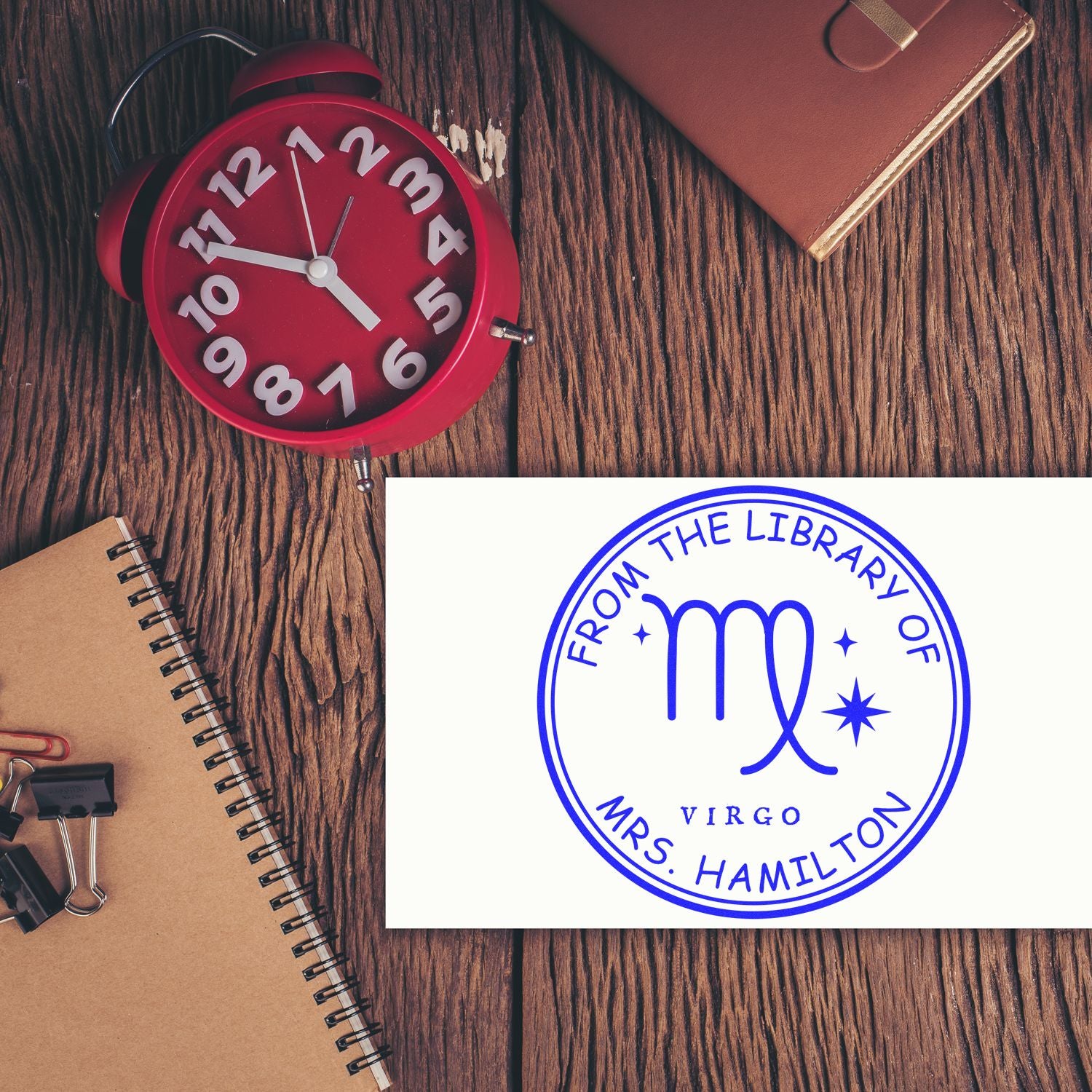 Wood Handle Virgo Library with Stars Customized Bookplate Stamp - Engineer Seal Stamps