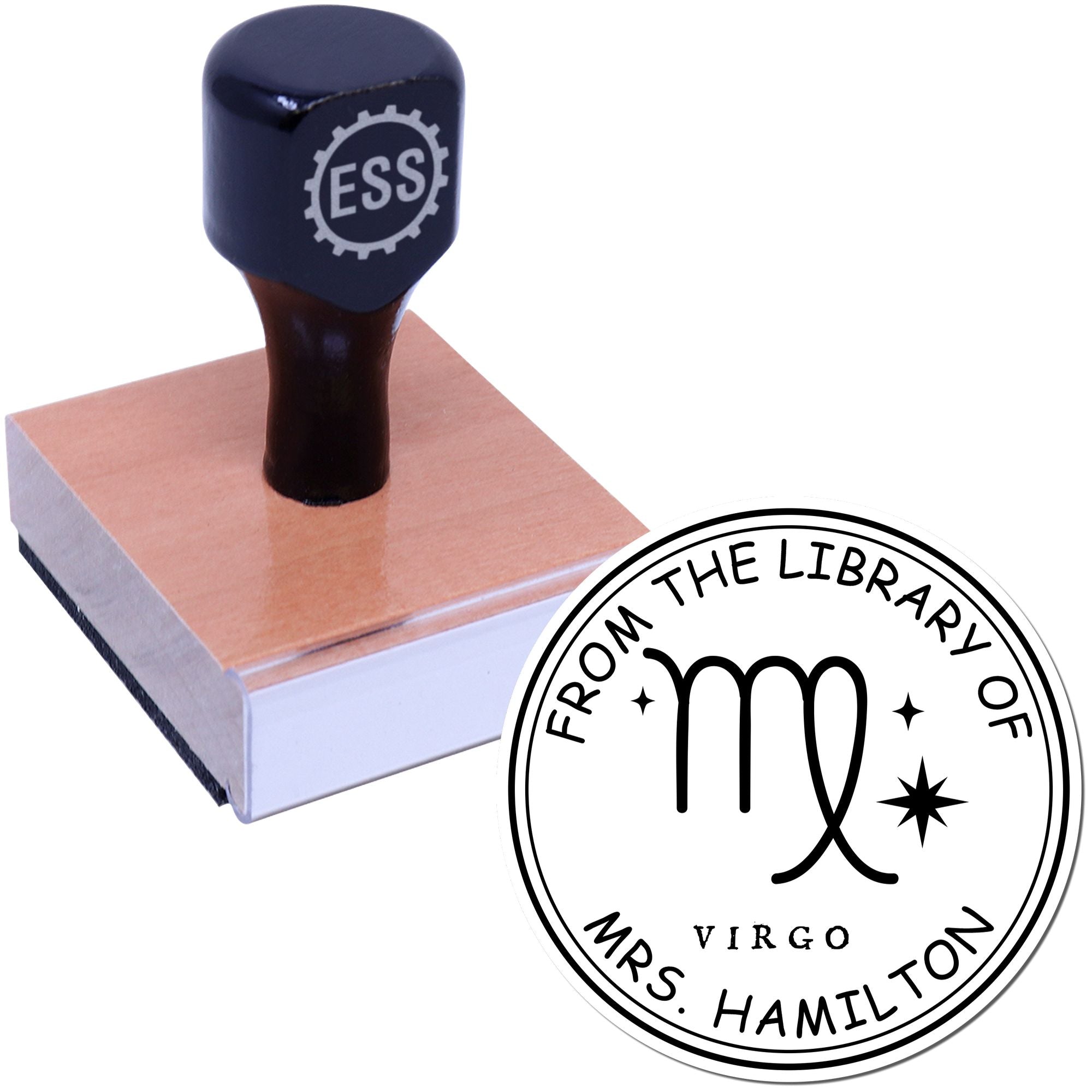 Wood Handle Virgo Library with Stars Customized Bookplate Stamp