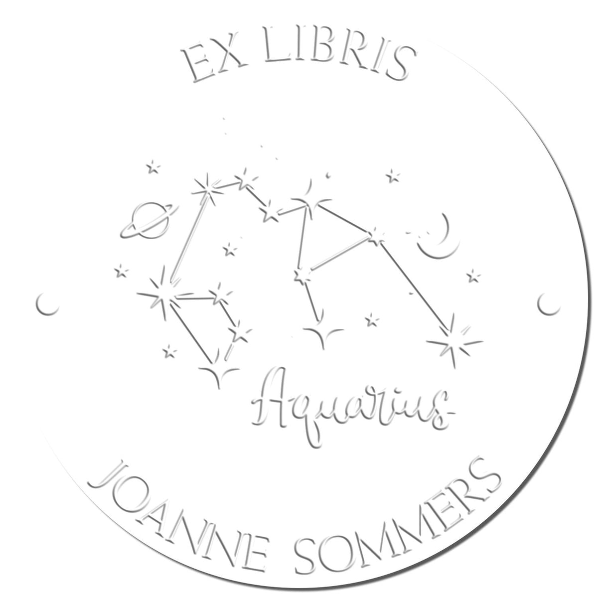 Shiny Aquarius constellation stamp featuring planets, moon, and stars with custom book embossing design for astrological crafts.