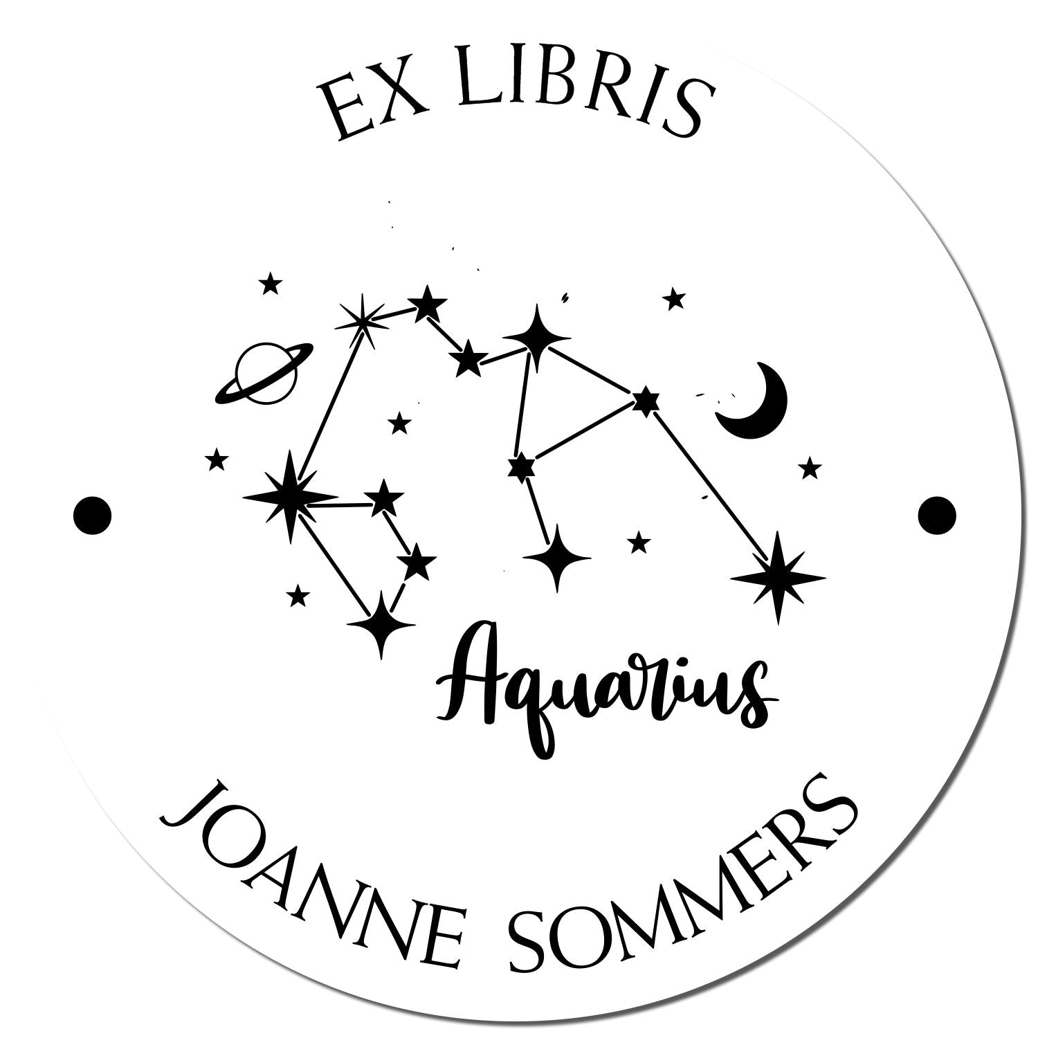 Black circular ex libris stamp seal with Aquarius constellation, stars and moon, labeled EX LIBRIS and JOANNE SOMMERS.