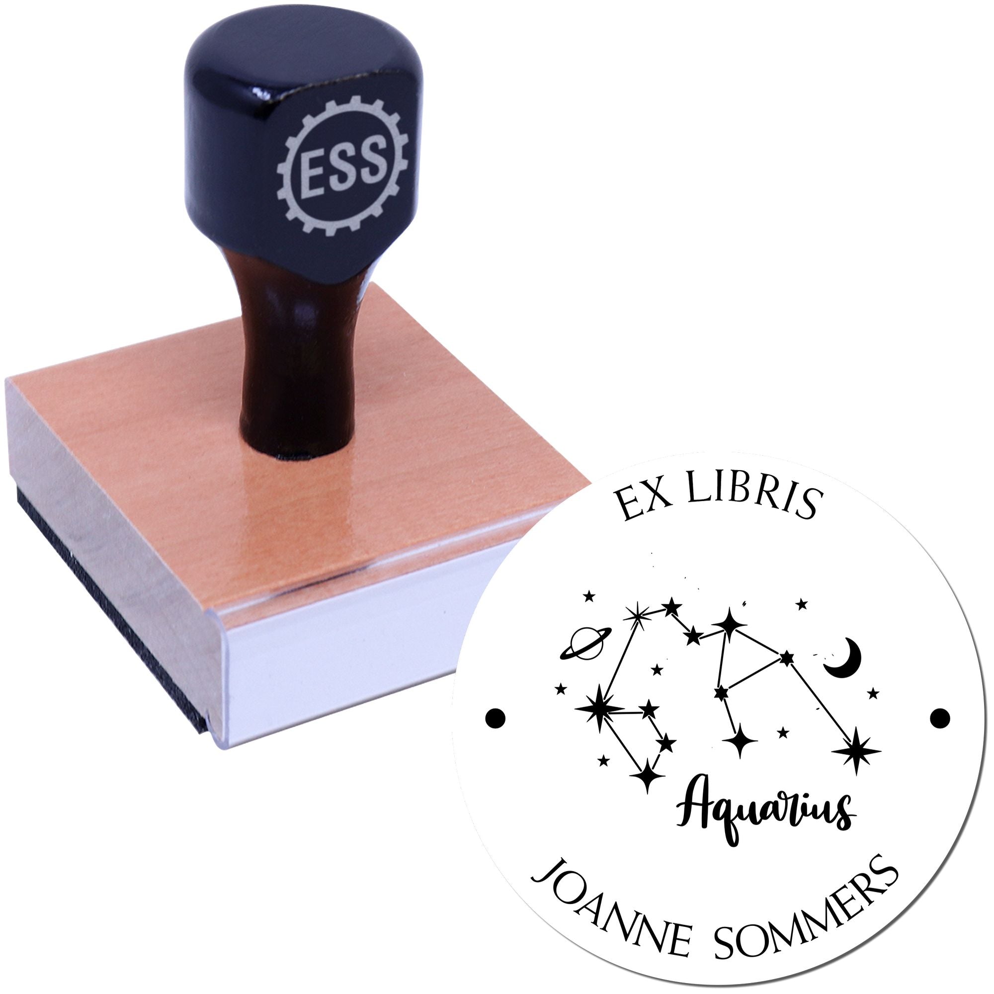 Wood Handle Aquarius Constellation with Planet, Moon and Stars Custom Made From The Library Of Stamp