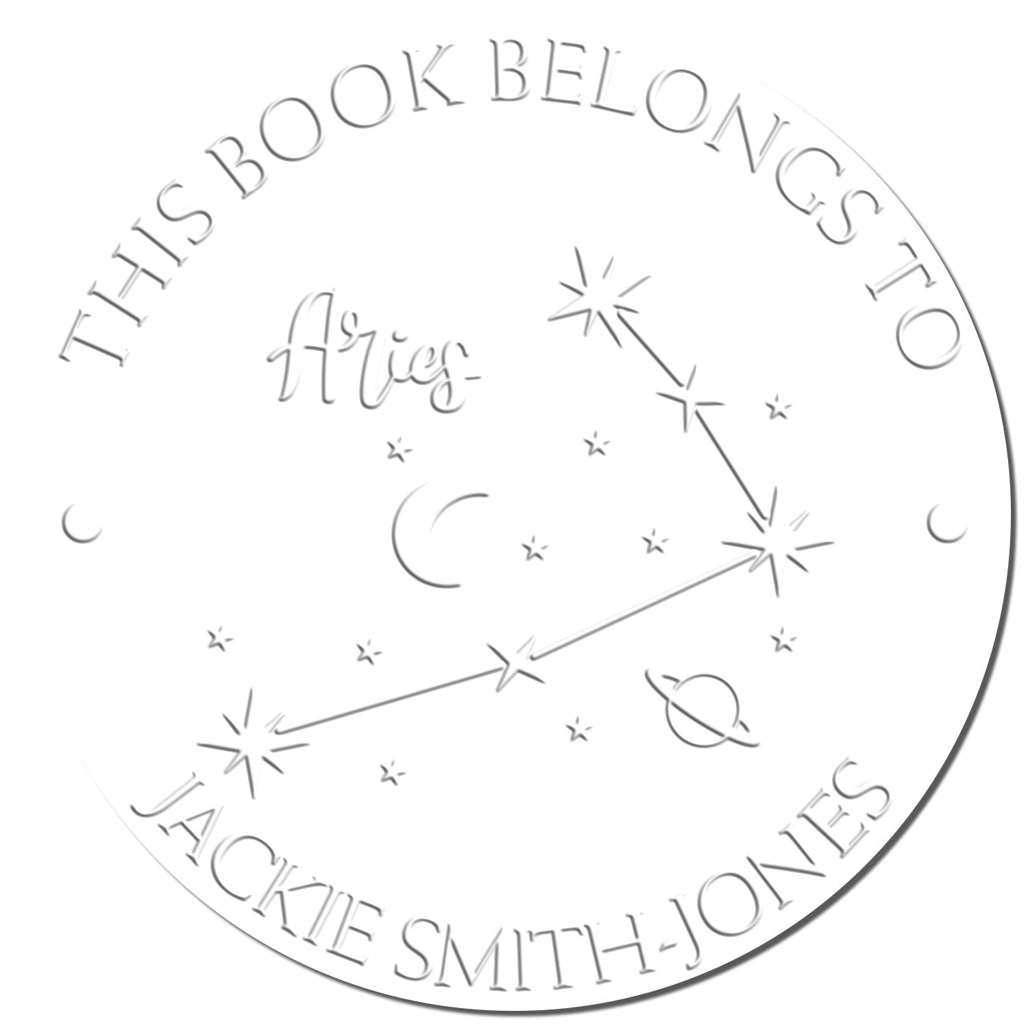White circular Aries book stamp seal with constellation, stars, crescent moon, and Jackie's name in gray embossed lettering.