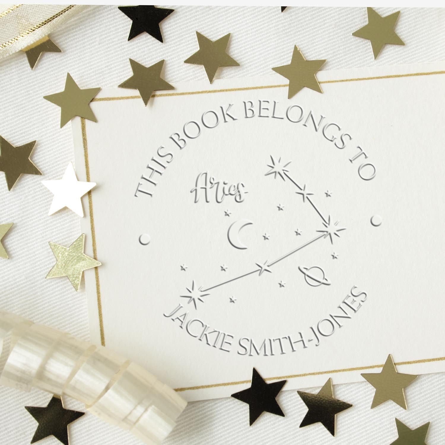 Soft Aries Constellation with Planet, Moon and Stars Custom Book Embosser