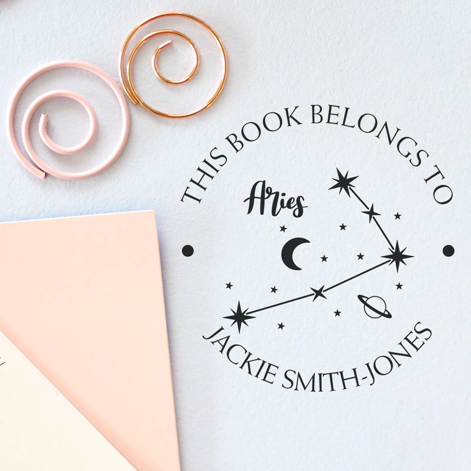 Self-Inking Aries Constellation with Planet, Moon and Stars Custom Made This Book Belongs To Stamp - Engineer Seal Stamps