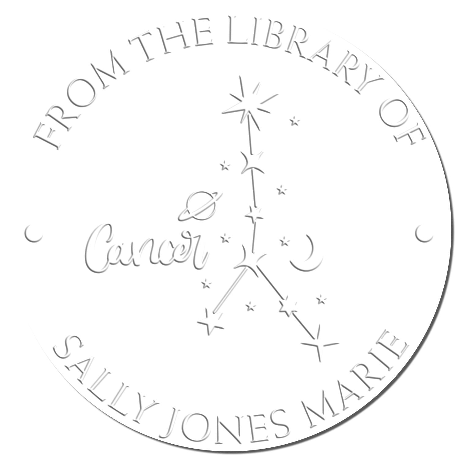 White round embossed library stamp seal with silver text, Cancer constellation, and star motifs for Cally Jones Marie.