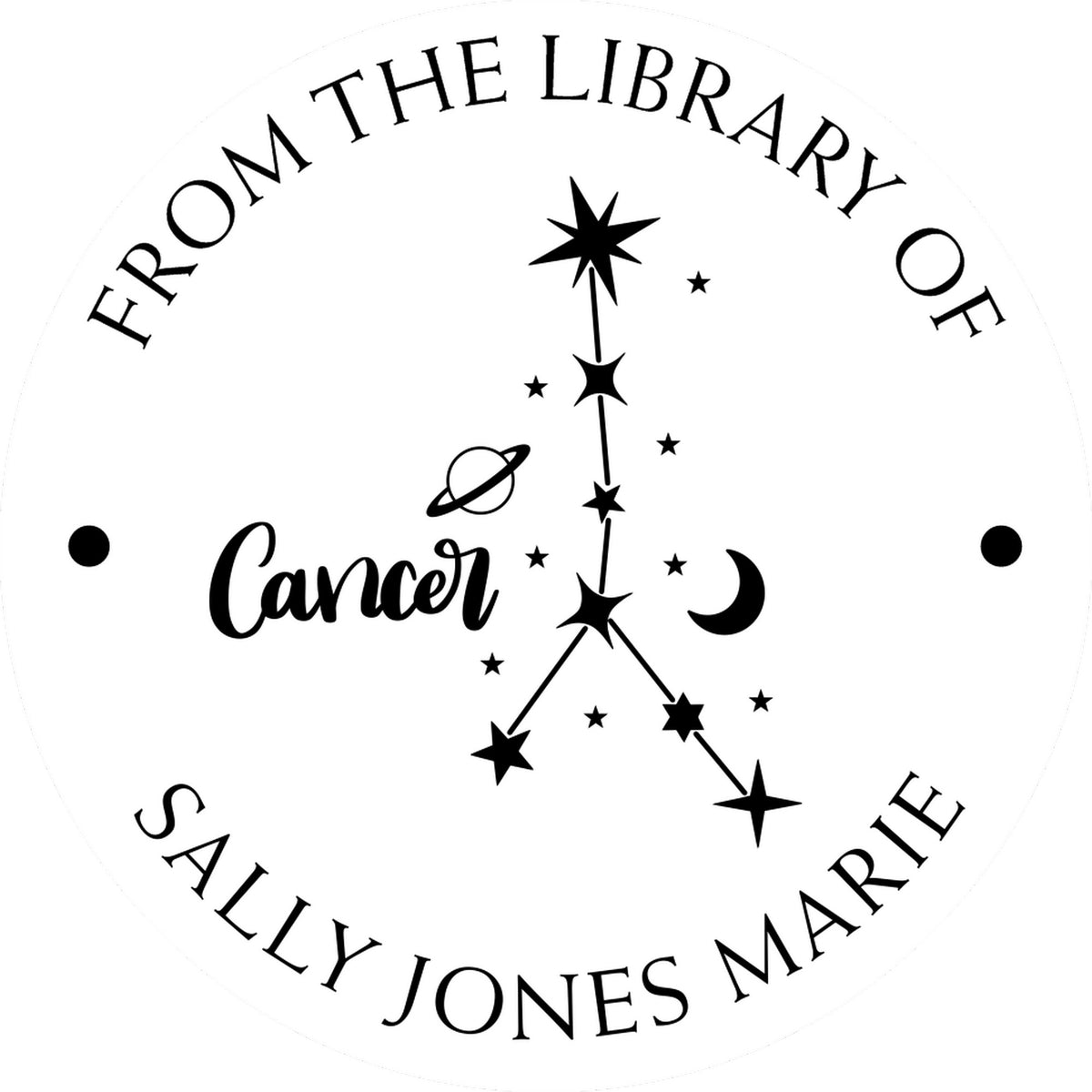 Black-and-white custom library stamp seal with Cancer constellation, crescent moon, stars, and Sally Jones Marie text.