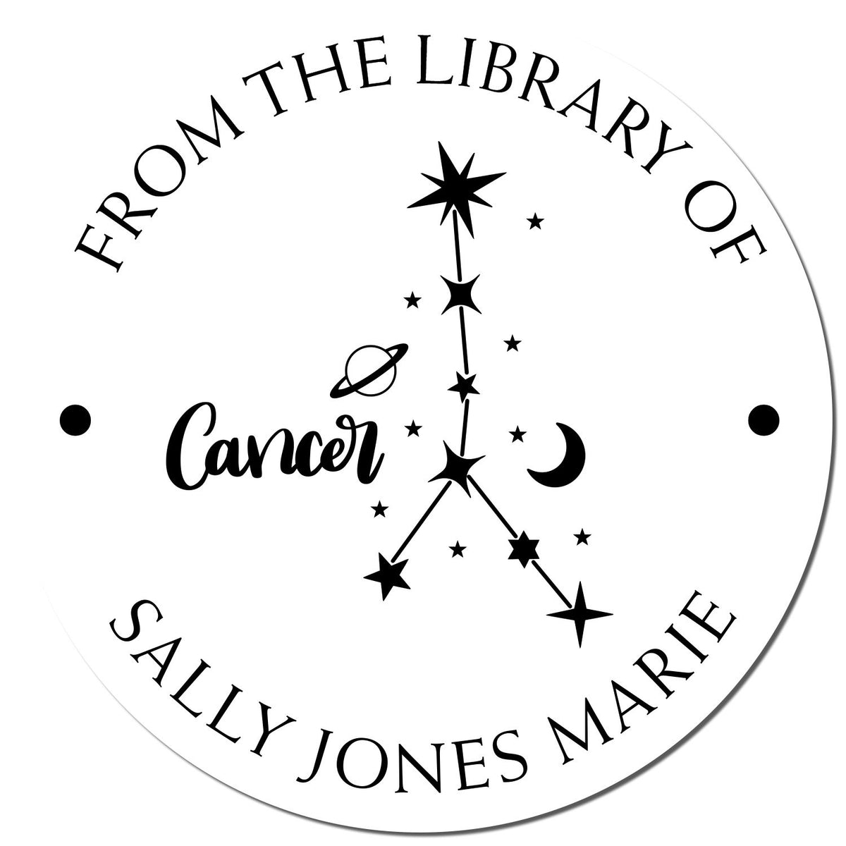 Black-and-white circular library stamp seal with stars, constellations, and personalized name text.