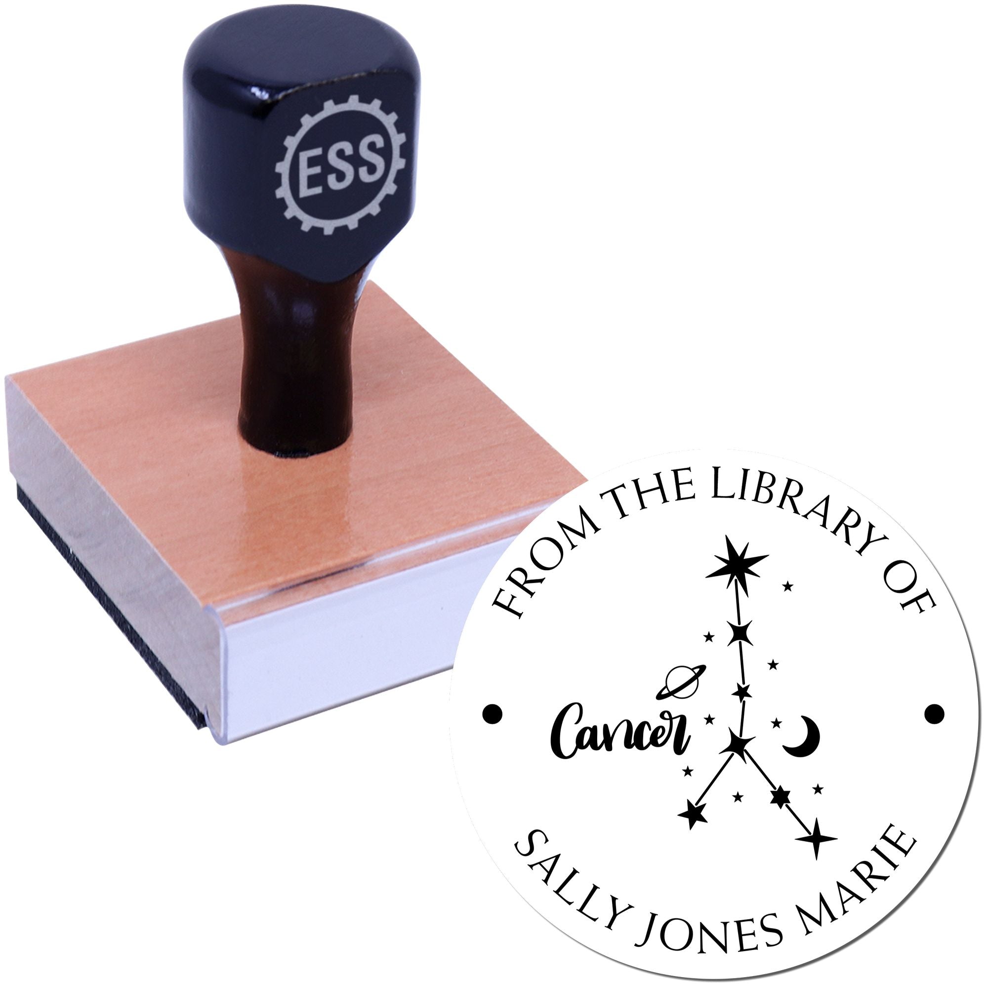 Wood Handle Cancer Constellation with Planet, Moon and Stars Custom Made Library Stamp - Engineer Seal Stamps
