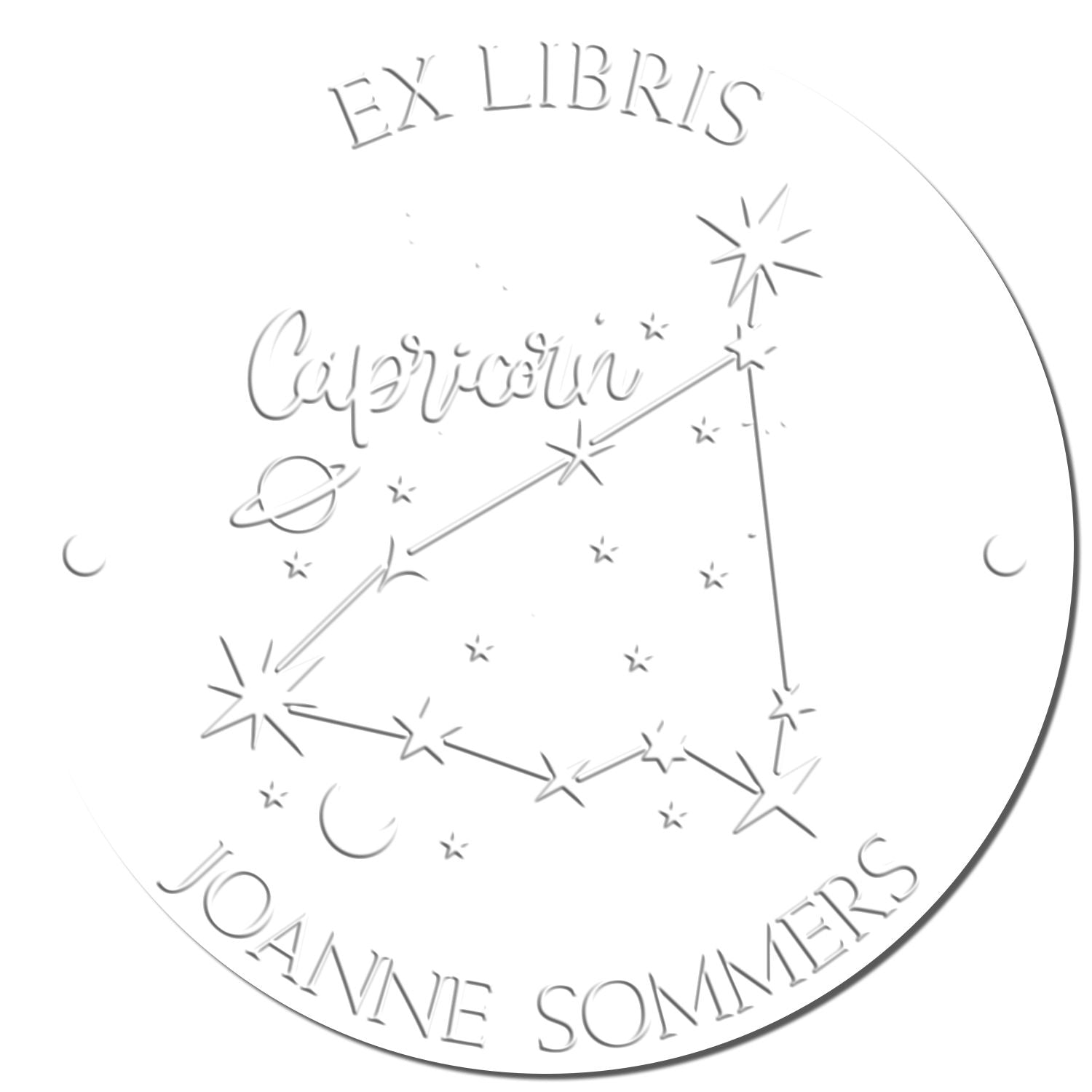 White circular stamp seal with gray Capricorn constellation, stars, and embossed EX LIBRIS JoAnne Sommers text.