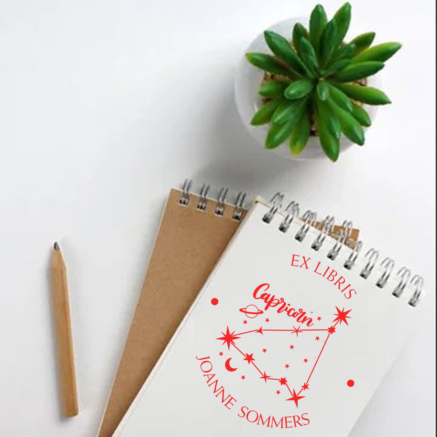PSI Pre-Inked Capricorn Constellation with Planet, Moon and Stars Personalized Library Name Stamper - Engineer Seal Stamps