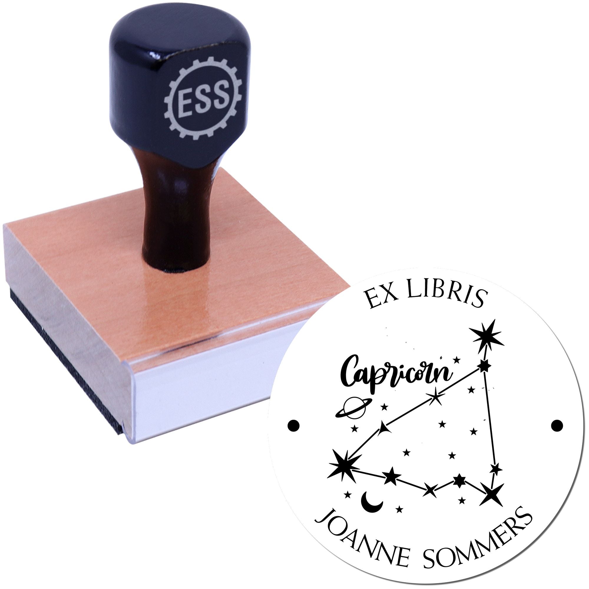 Wood Handle Capricorn Constellation with Planet, Moon and Stars Custom Made Library Stamper - Engineer Seal Stamps