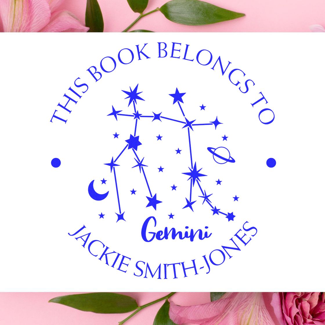 Pre-Inked Gemini Constellation with Planet, Moon and Stars Customized Book Stamper - Engineer Seal Stamps