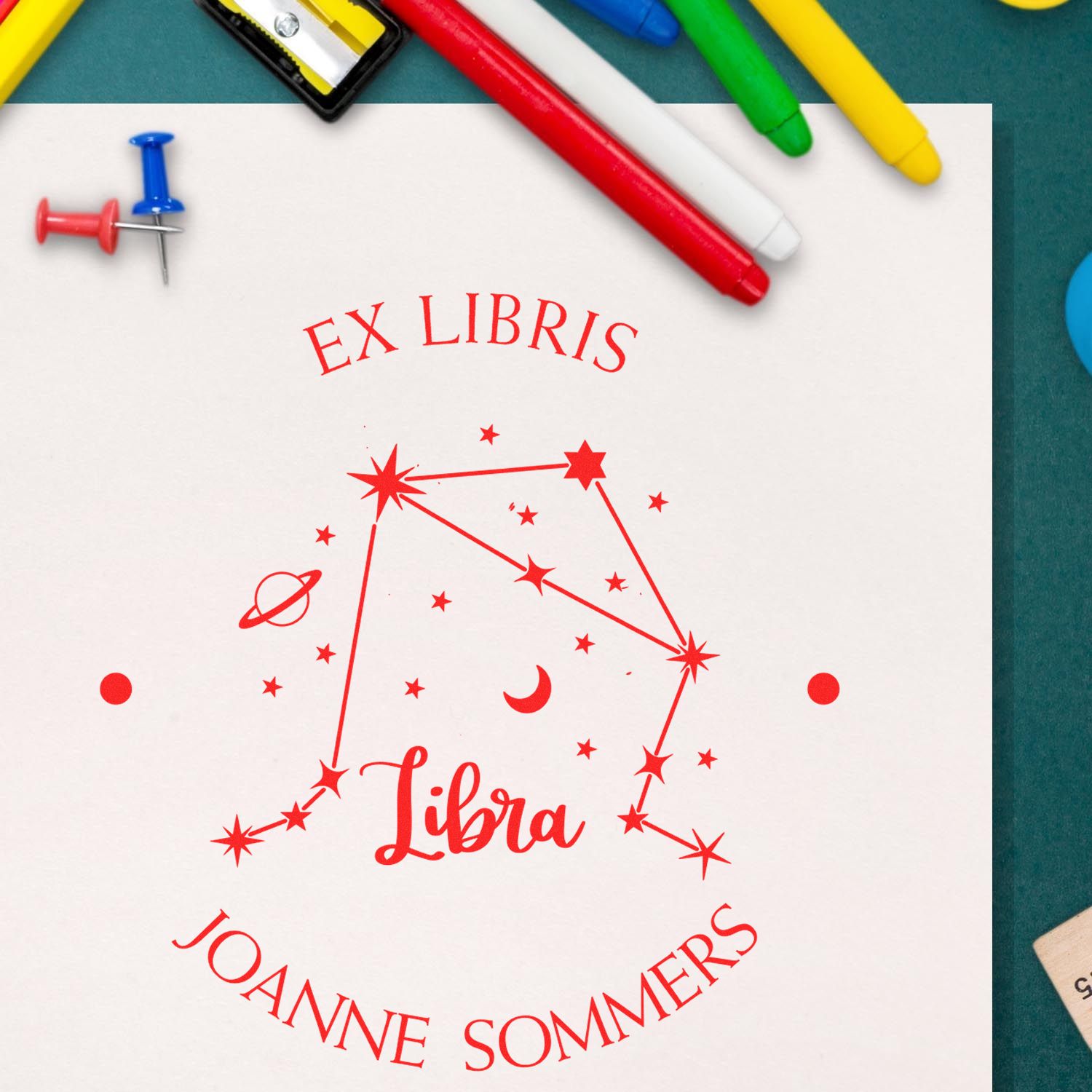 Self-Inking Libra Constellation with Planet, Moon and Stars Personalized Bibliophile Stamper - Engineer Seal Stamps