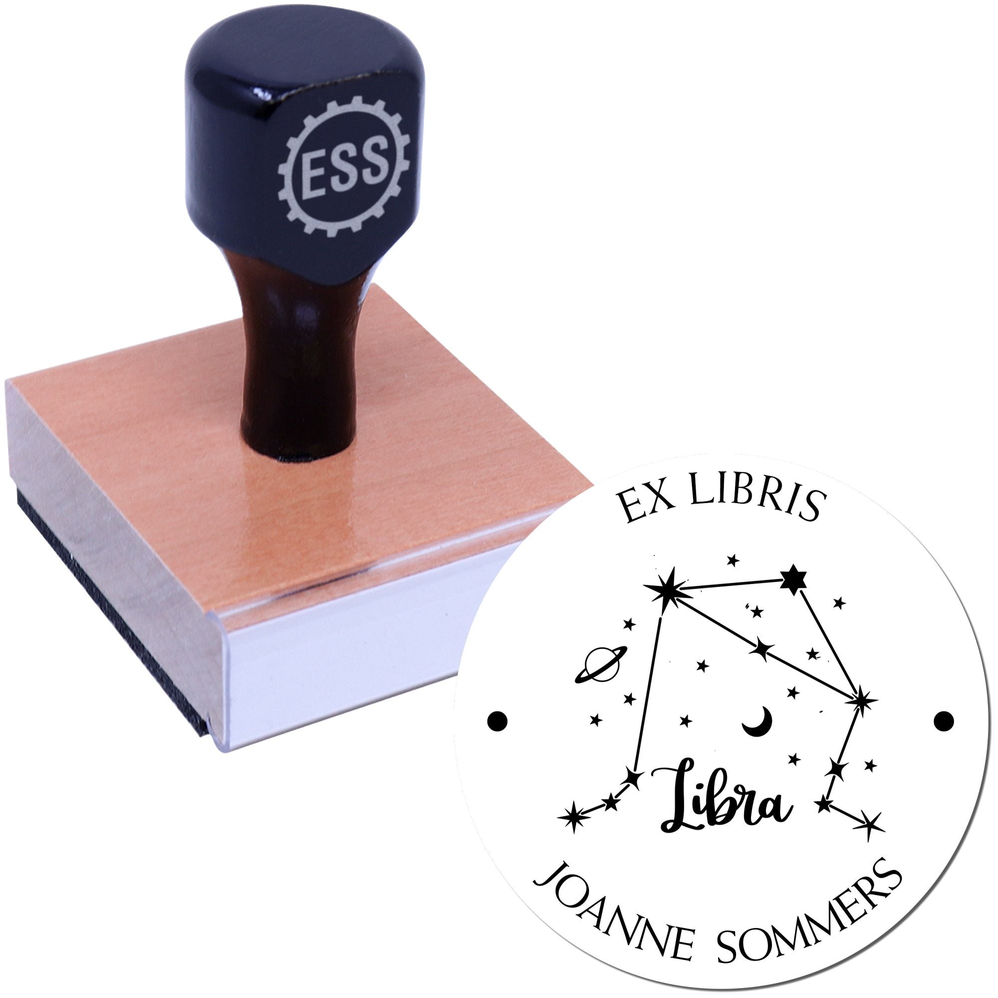 Wood Handle Libra Constellation with Planet, Moon and Stars Custom Made Library Name Stamp - Engineer Seal Stamps