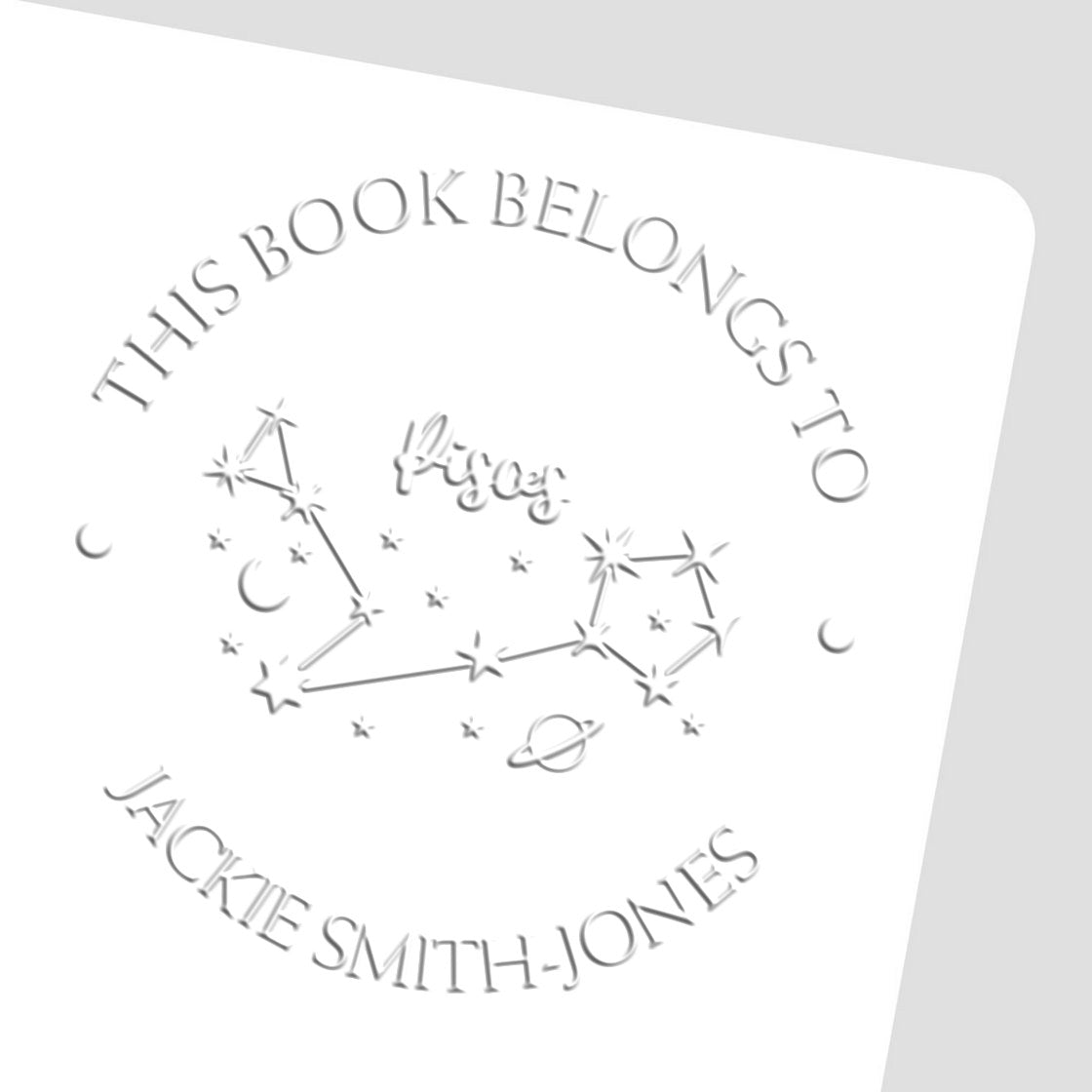 Soft Pisces Constellation with Planet, Moon and Stars Custom Book Belongs to Embosser - Engineer Seal Stamps