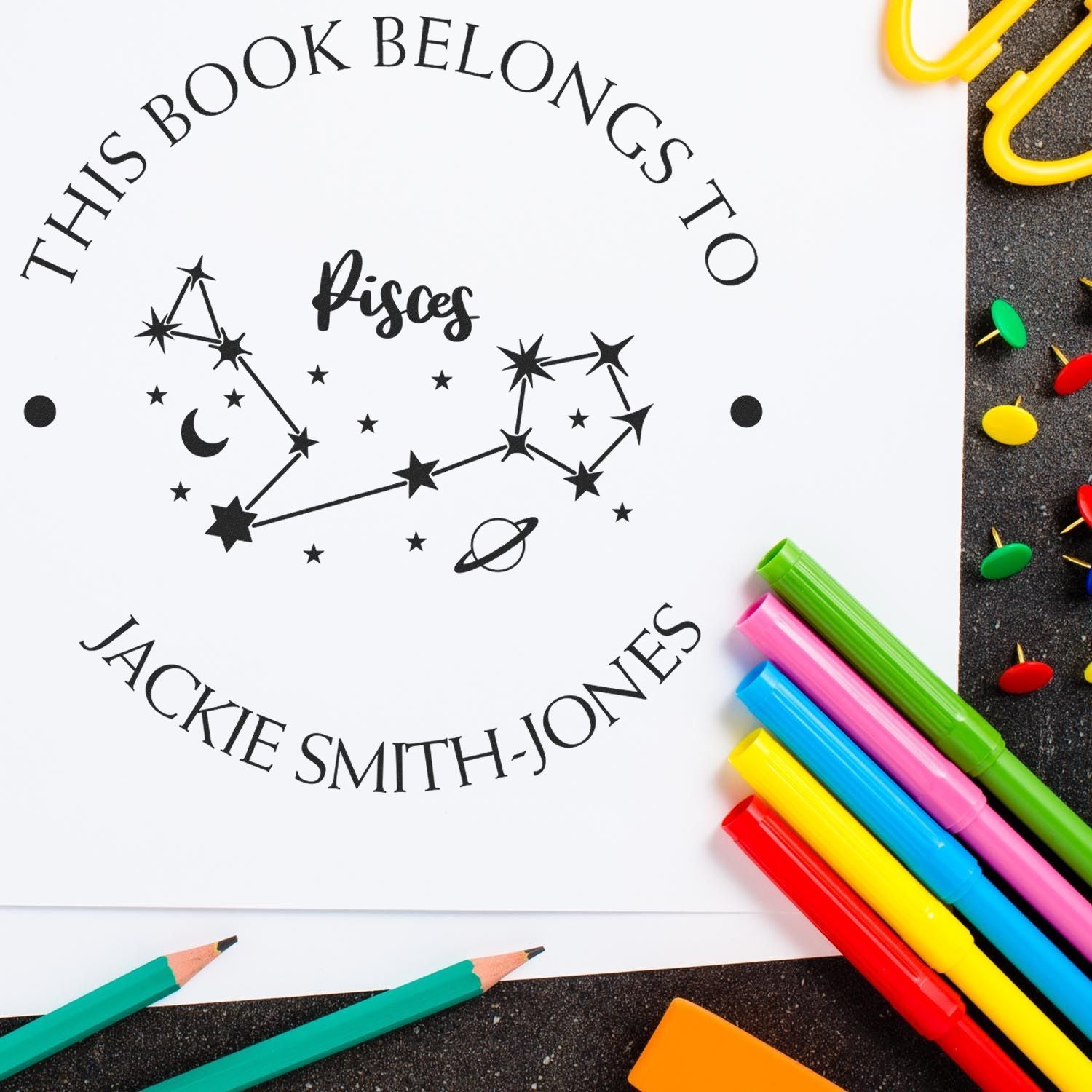 Pre-Inked Pisces Constellation with Planet, Moon and Stars Customized Book Library Stamp - Engineer Seal Stamps