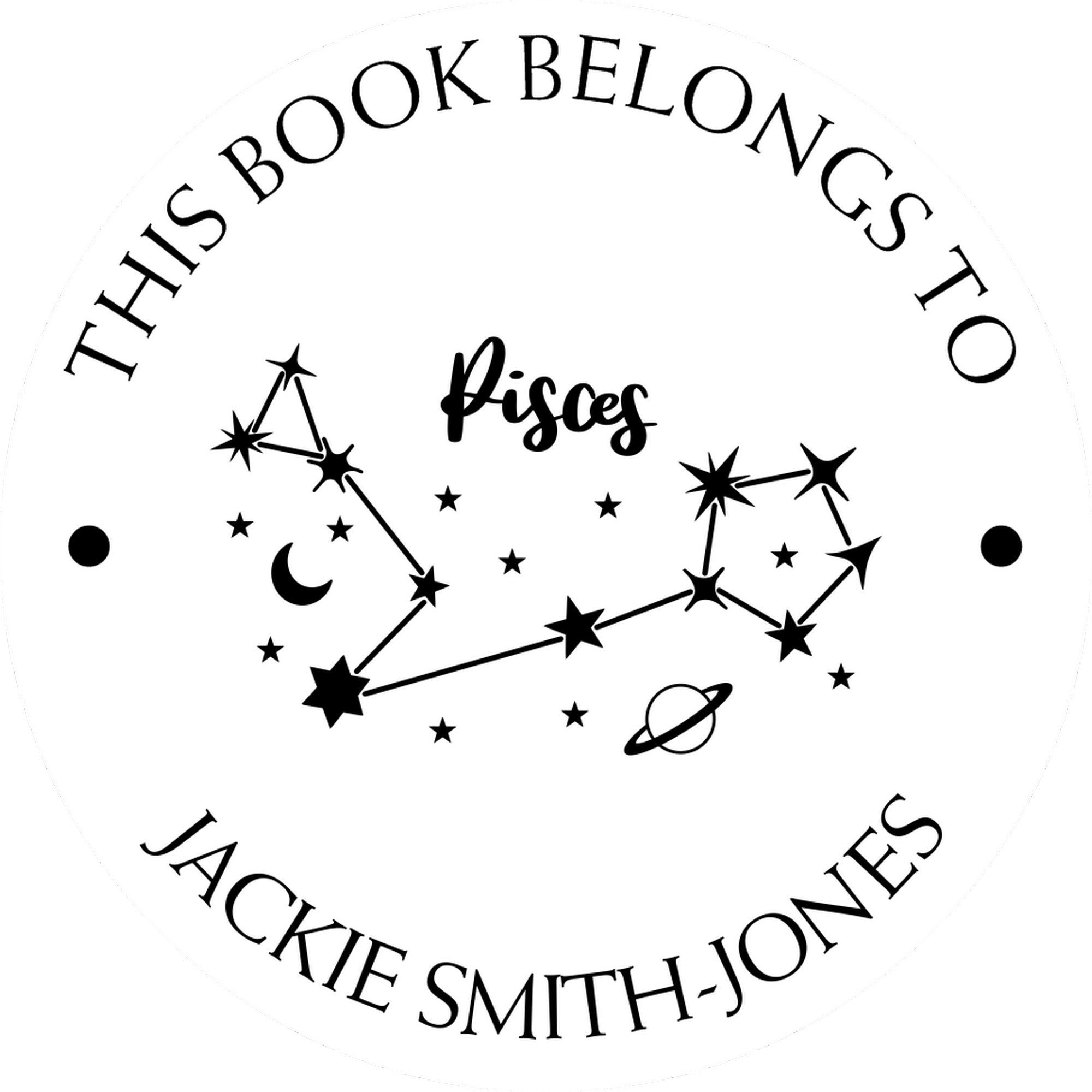 Wood Handle Pisces Constellation with Planet, Moon and Stars Custom Made Library Name Stamper - Engineer Seal Stamps