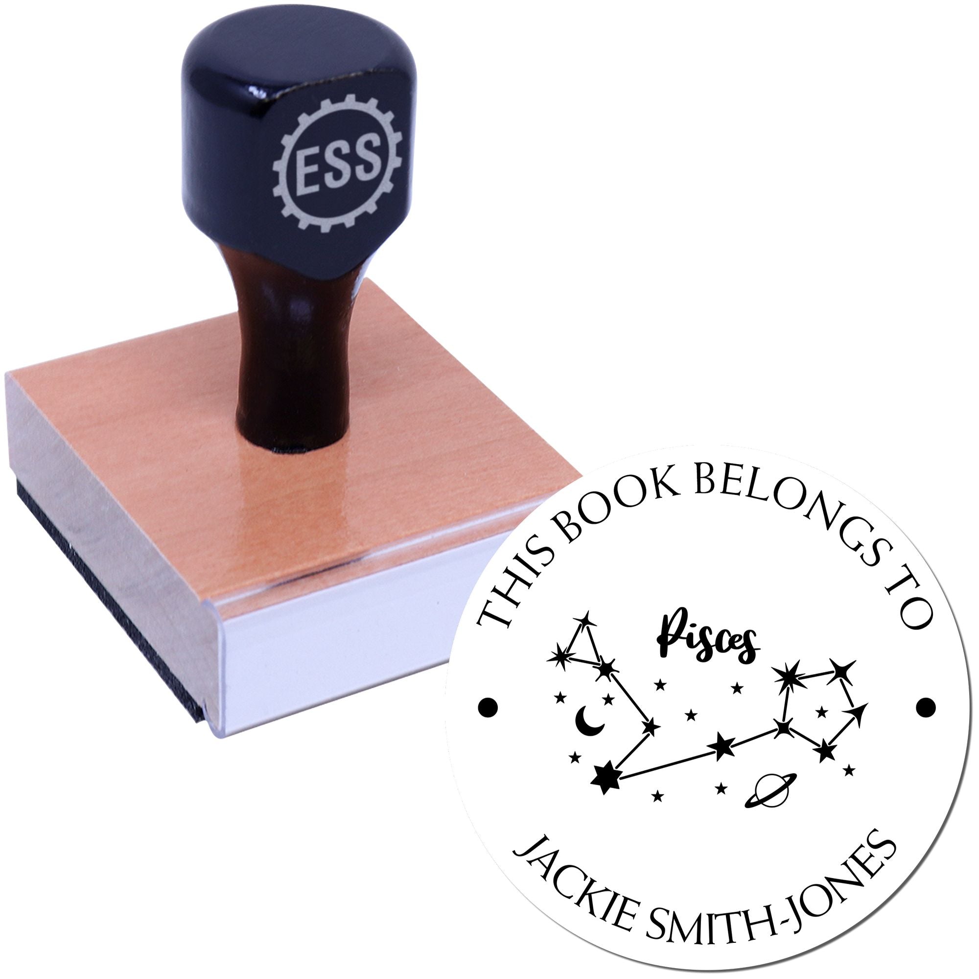 Wood Handle Pisces Constellation with Planet, Moon and Stars Custom Made Library Name Stamper - Engineer Seal Stamps