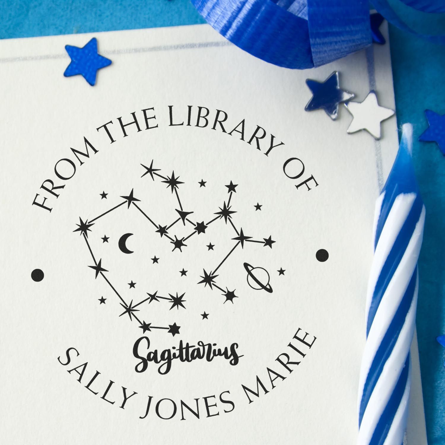 Self-Inking Sagittarius Constellation with Planet, Moon and Stars Personalized Book Stamper - Engineer Seal Stamps