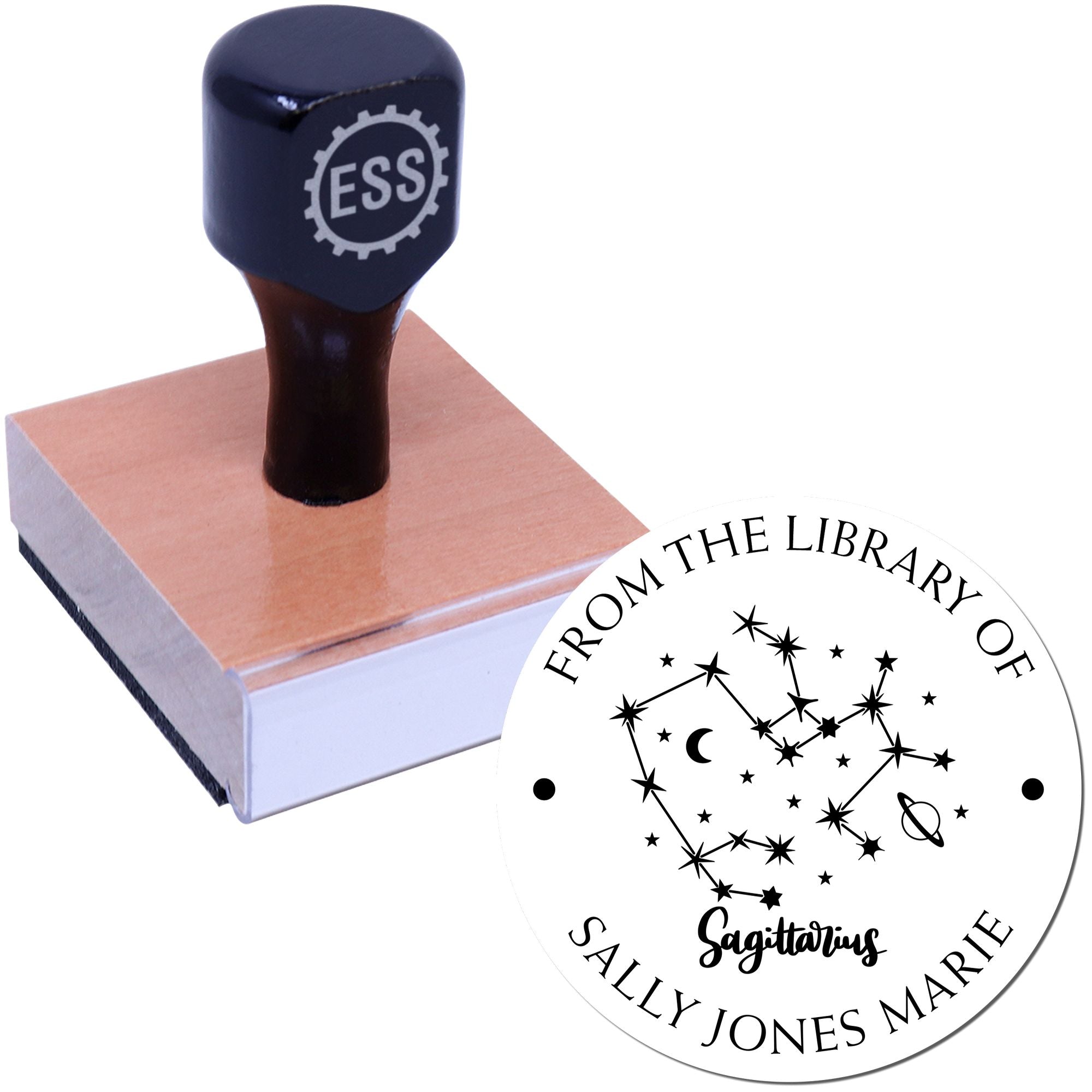 Wood Handle Sagittarius Constellation with Planet, Moon and Stars Custom Made Library Of Stamp
