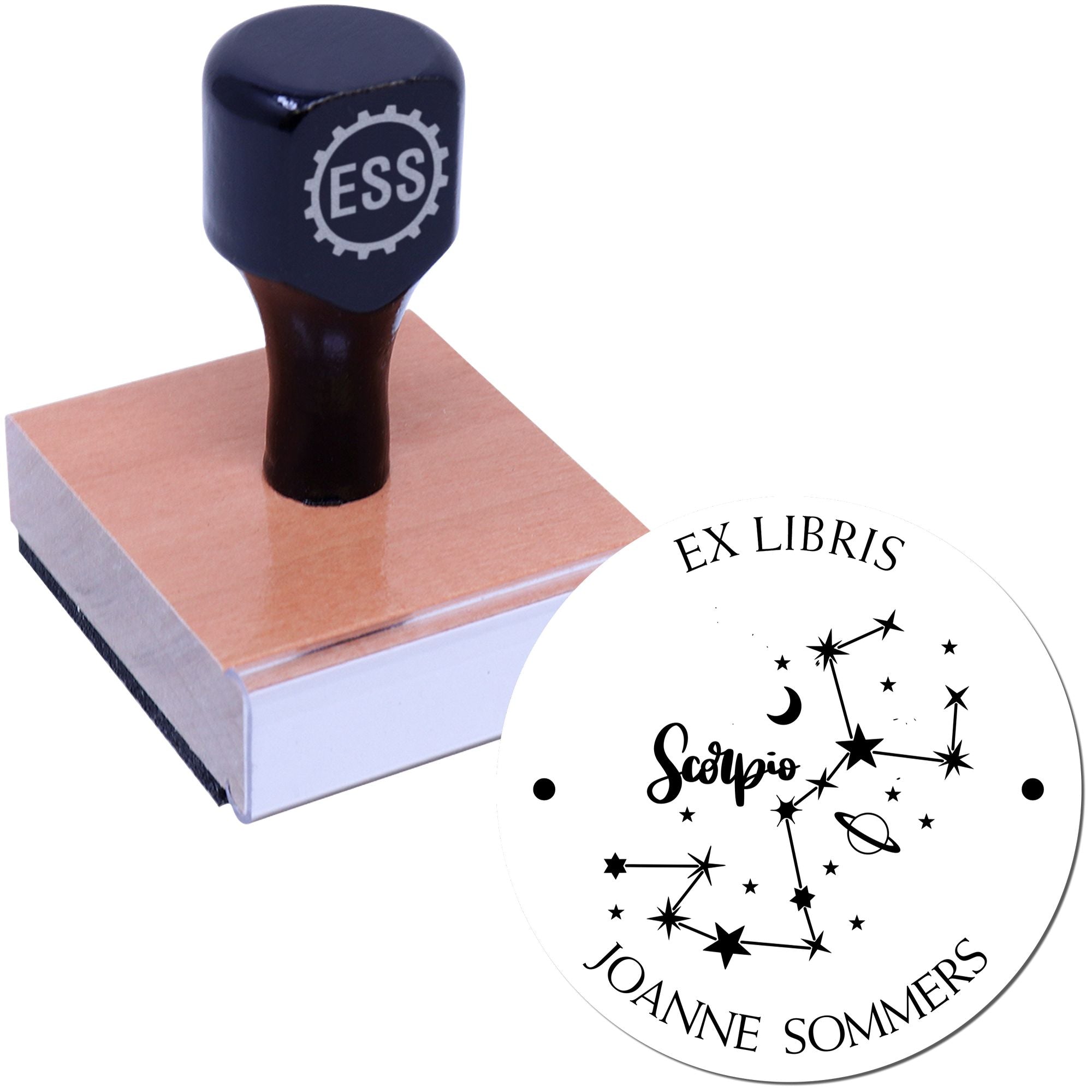 Wood Handle Scorpio Constellation with Planet, Moon and Stars Custom Made Library Of Stamper
