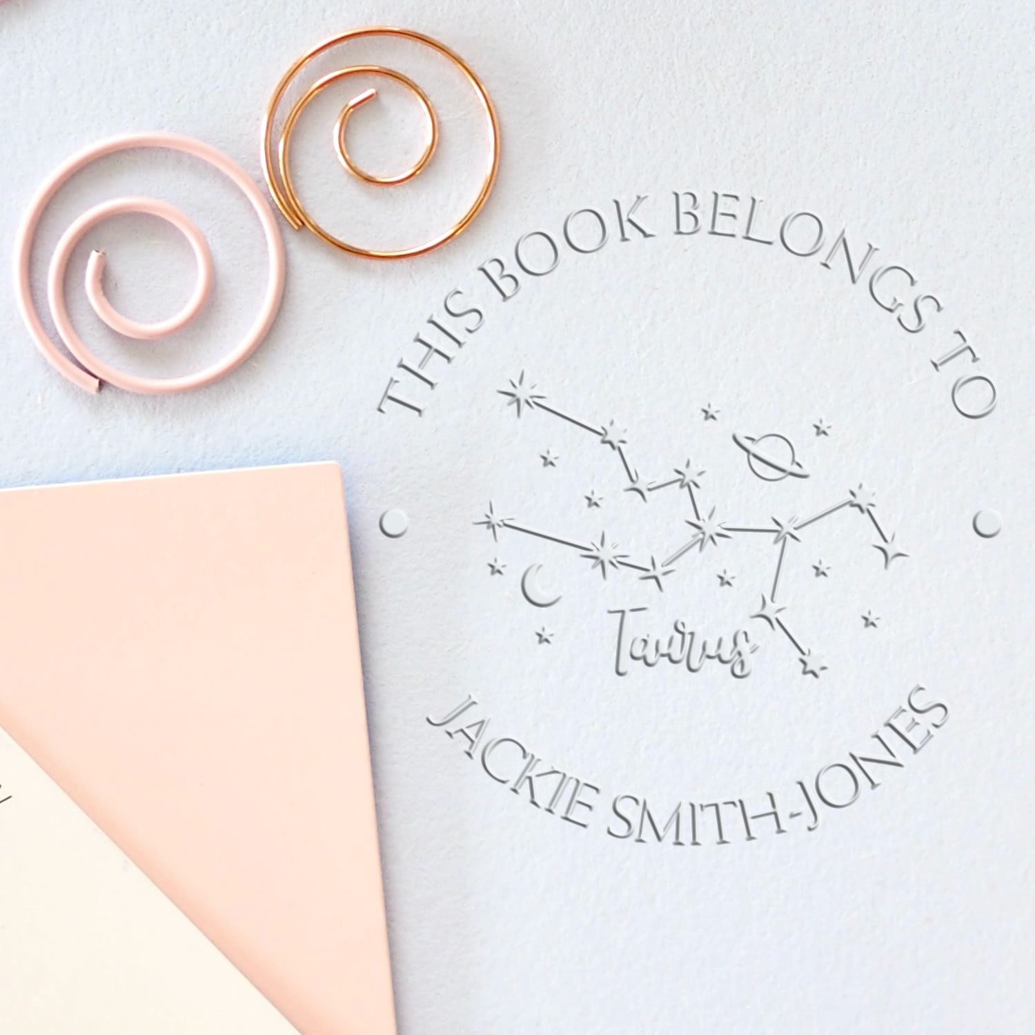 Soft Taurus Constellation with Planet, Moon and Stars Custom Book Belongs to Paper Embosser