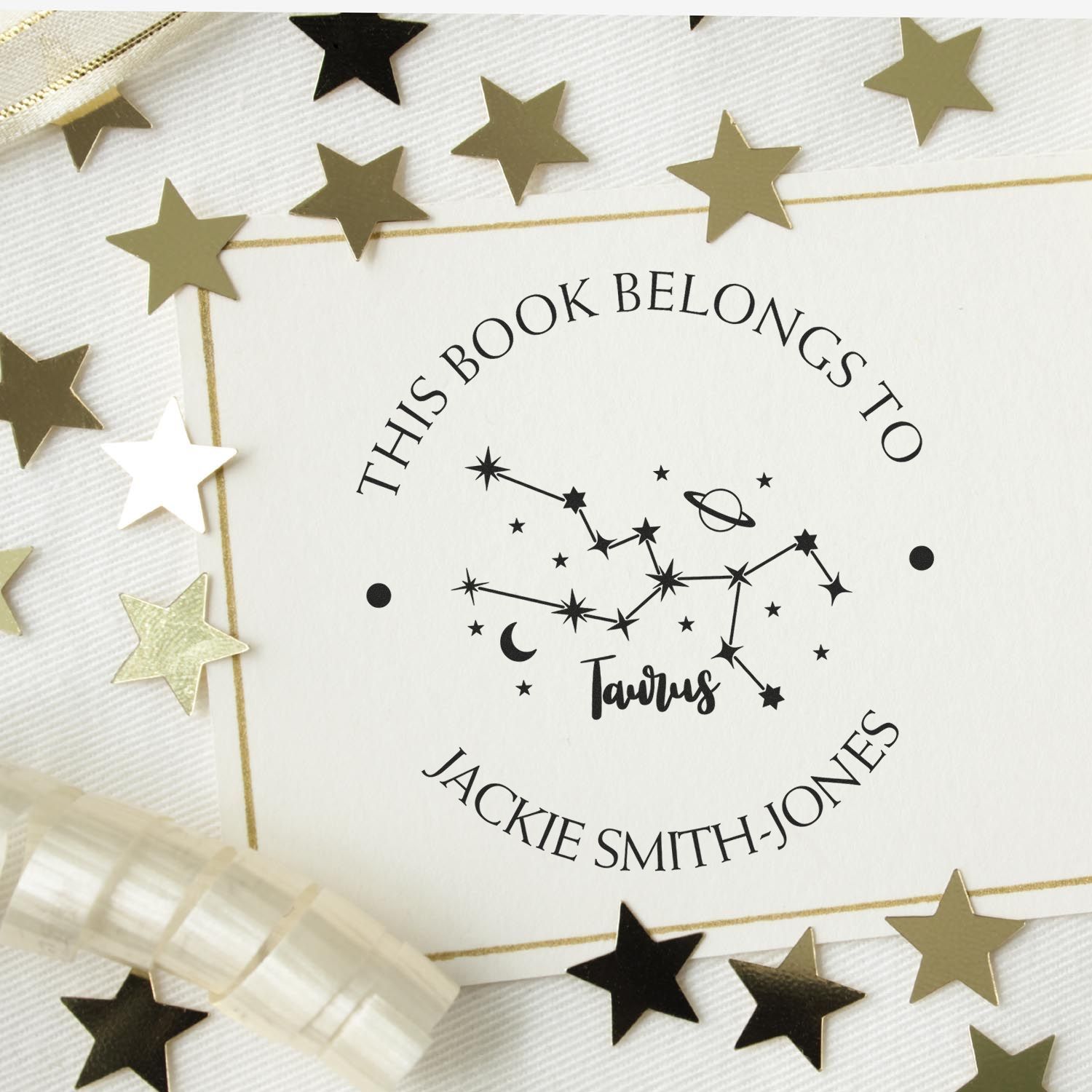 Pre-Inked Taurus Constellation with Planet, Moon and Stars Customized Book Lover Stamper - Engineer Seal Stamps