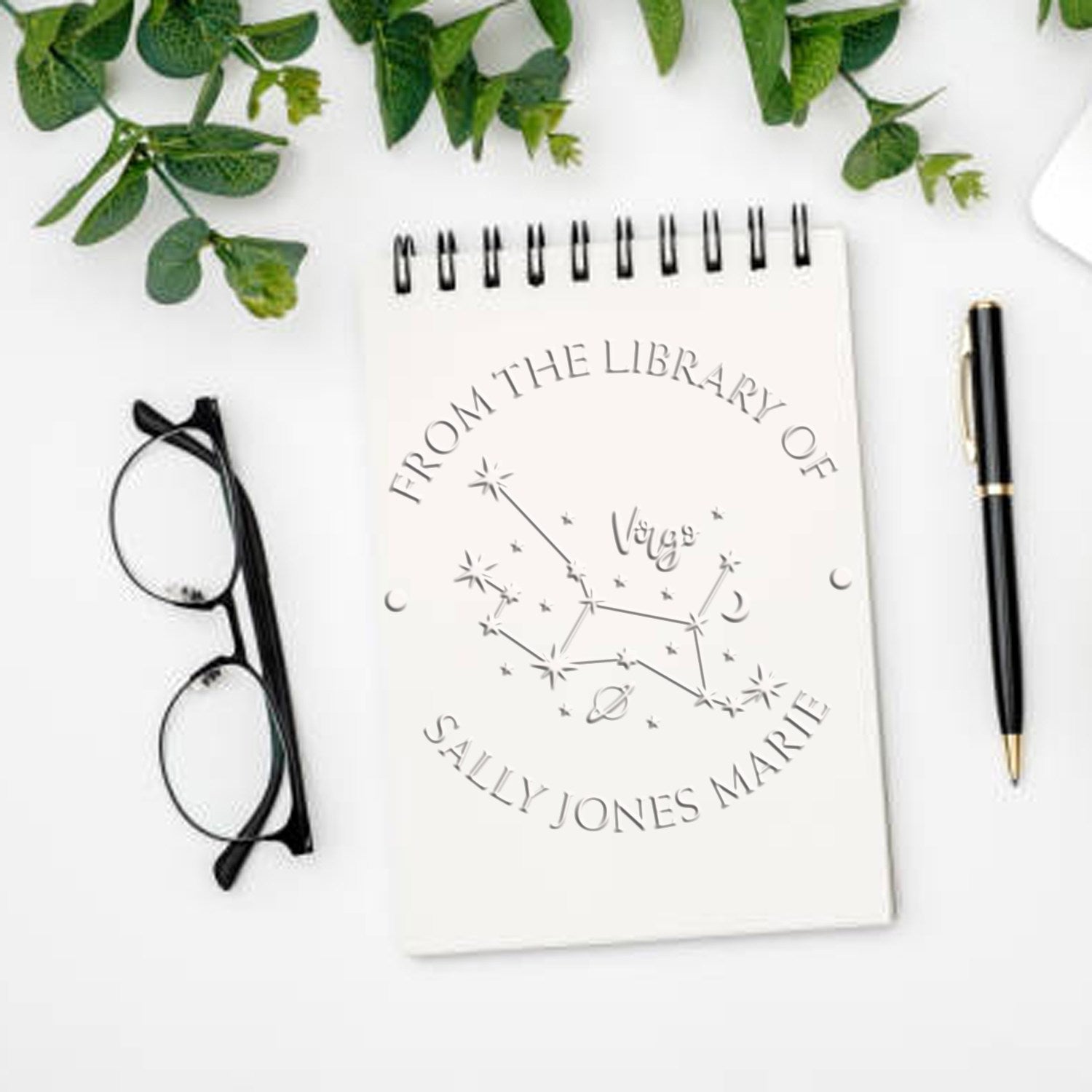 Soft Virgo Constellation with Planet, Moon and Stars Custom Book Belongs to Seal Press - Engineer Seal Stamps