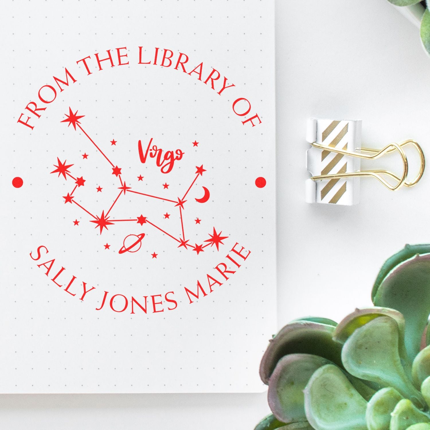 PSI Pre-Inked Virgo Constellation with Planet, Moon and Stars Personalized Name Stamper - Engineer Seal Stamps