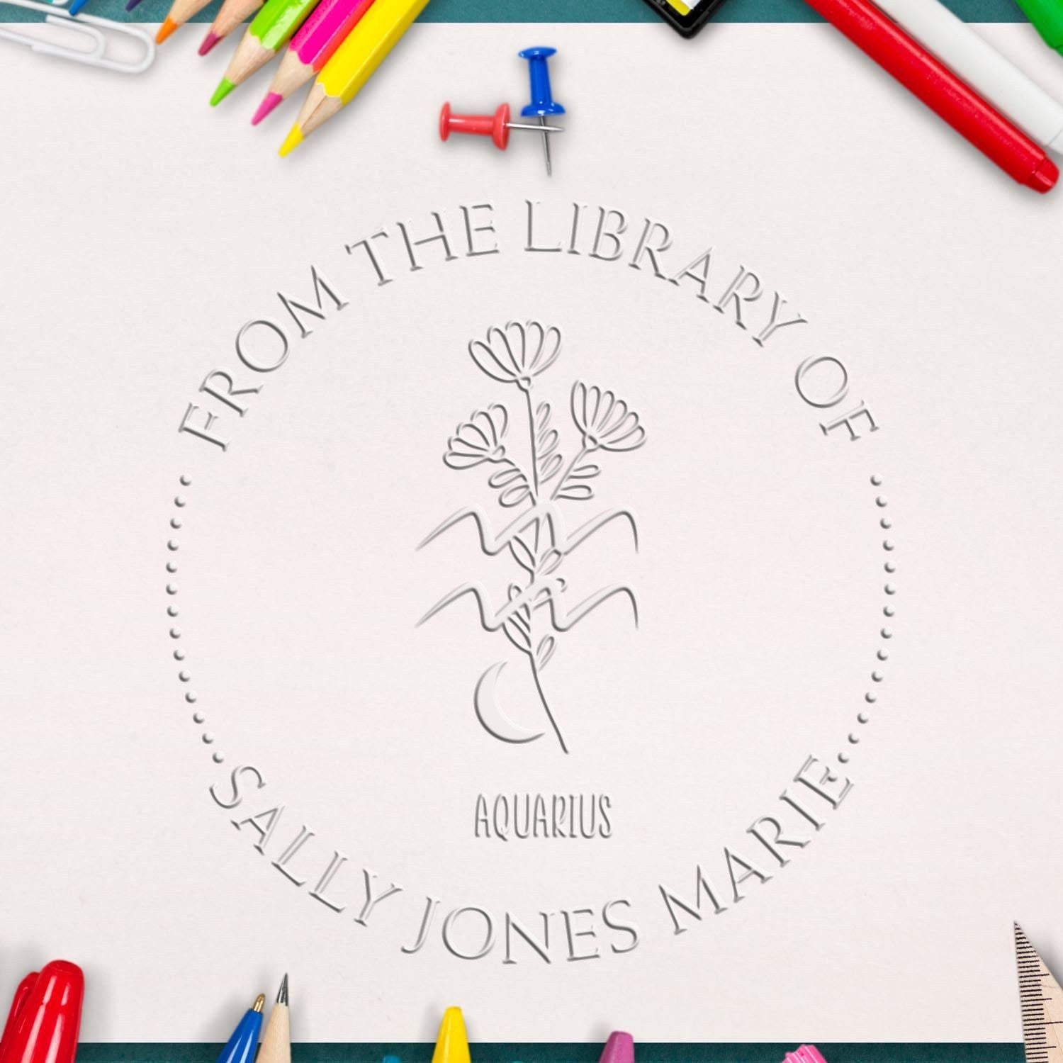 Desk Aquarius Zodiac Symbol with Flowers Personalized Belongs To Embosser - Engineer Seal Stamps