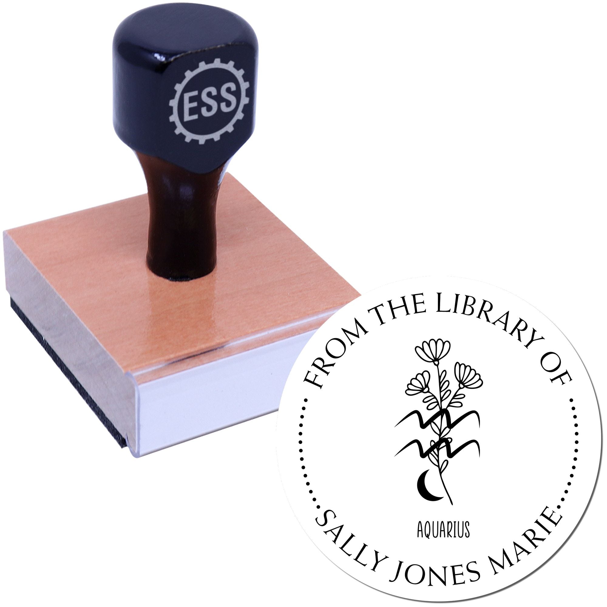 Wood Handle Aquarius Zodiac Symbol with Flowers Custom From The Library Of Stamp