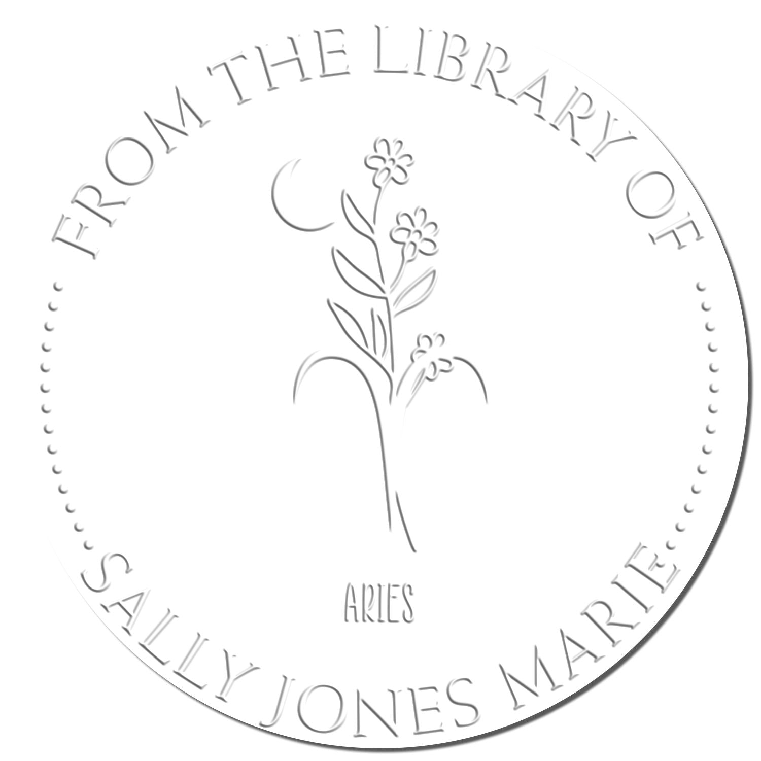 White circular library embosser seal with gray floral stem, crescent moon, and outer text for Sally Jones Marie.