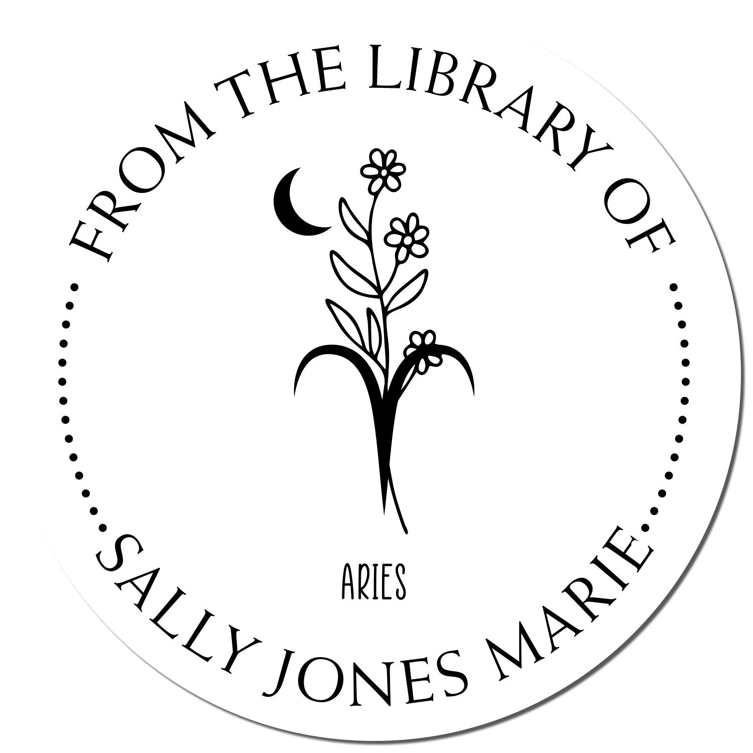 Black-and-white circular library stamp seal with crescent moon, floral stem, and text reading From the Library of Sally Jones Marie, plus Aries.