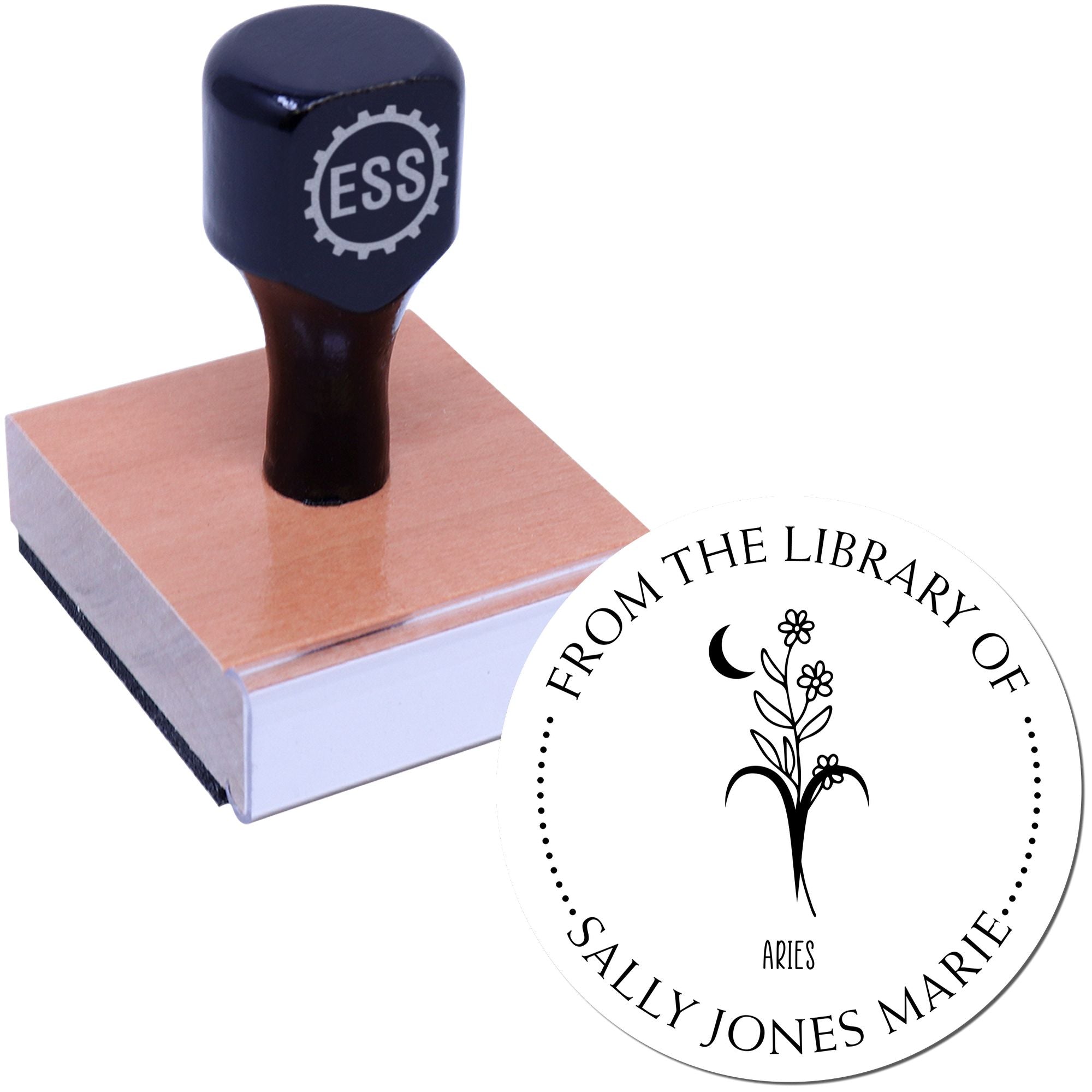 Wood Handle Aries Zodiac Symbol with Flowers Custom Library Stamp