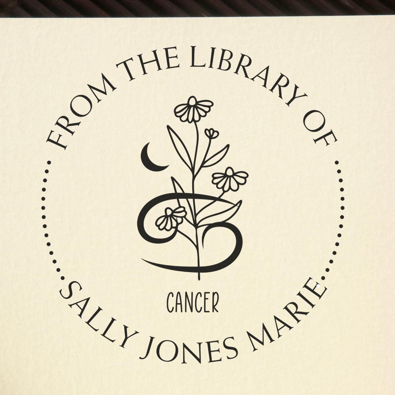 Wood Handle Cancer Zodiac Symbol with Flowers Custom Library Collection Stamp - Engineer Seal Stamps