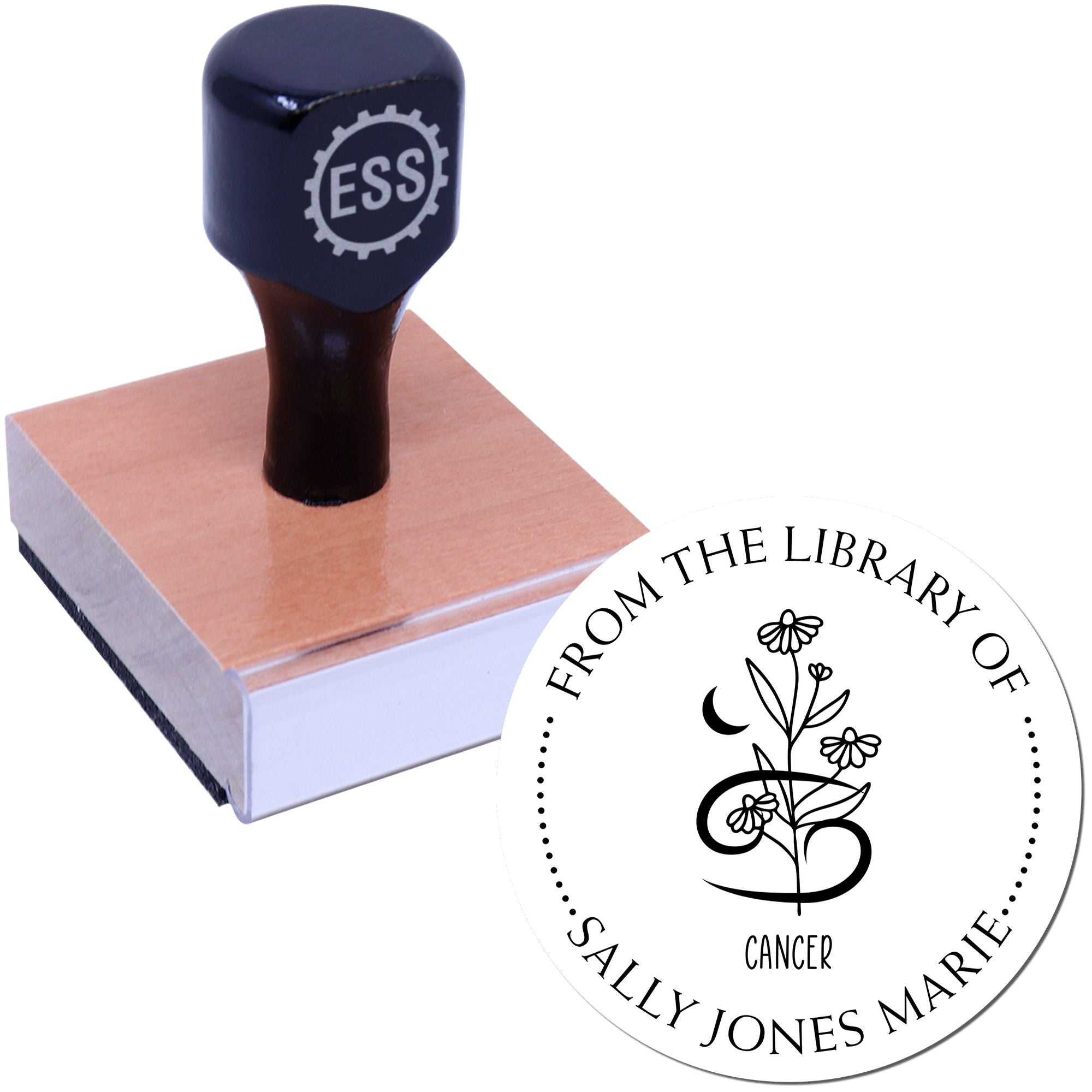 Wood Handle Cancer Zodiac Symbol with Flowers Custom Library Collection Stamp - Engineer Seal Stamps