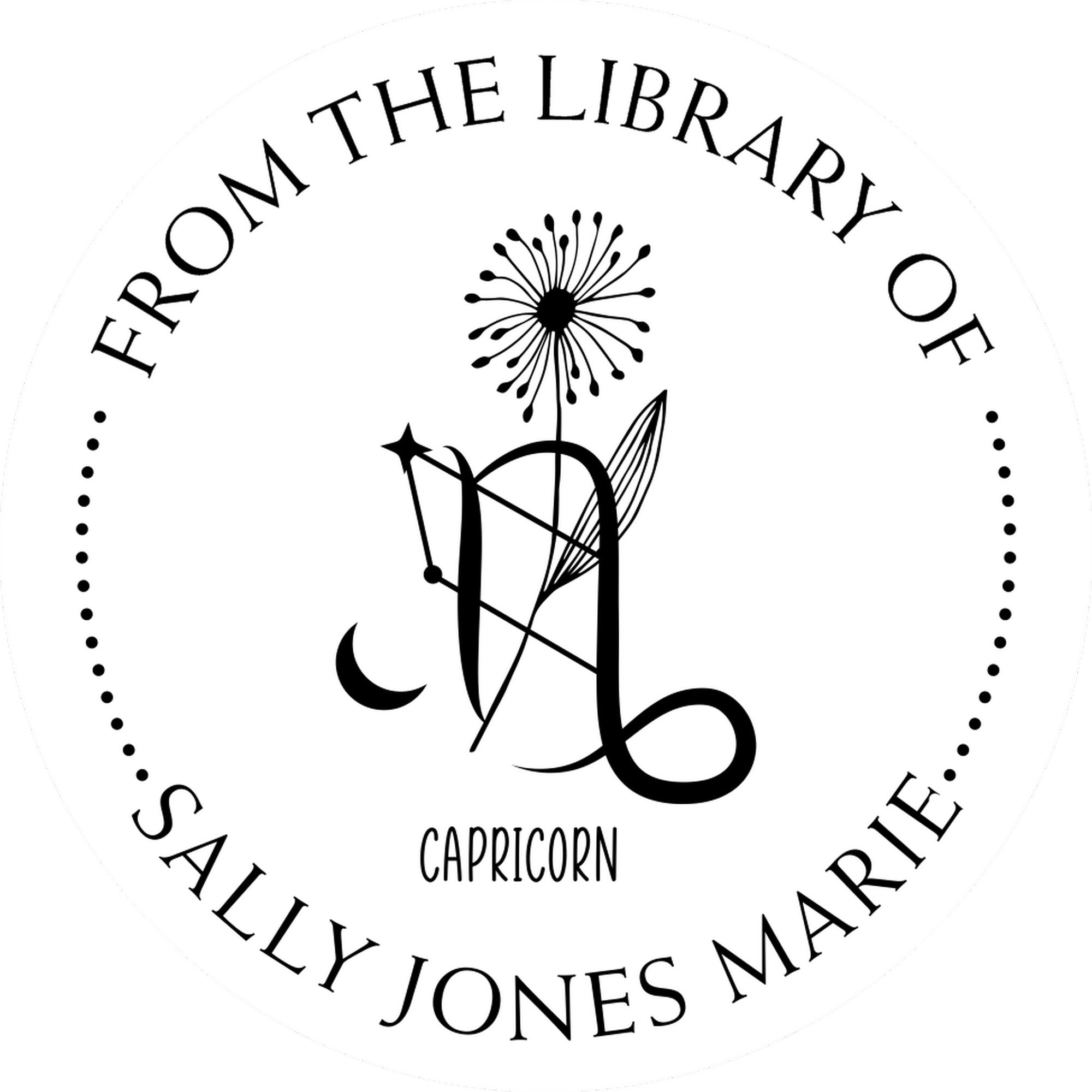 Black-and-white custom library stamp seal with Capricorn symbol and From the Library of Sally Jones Marie text.
