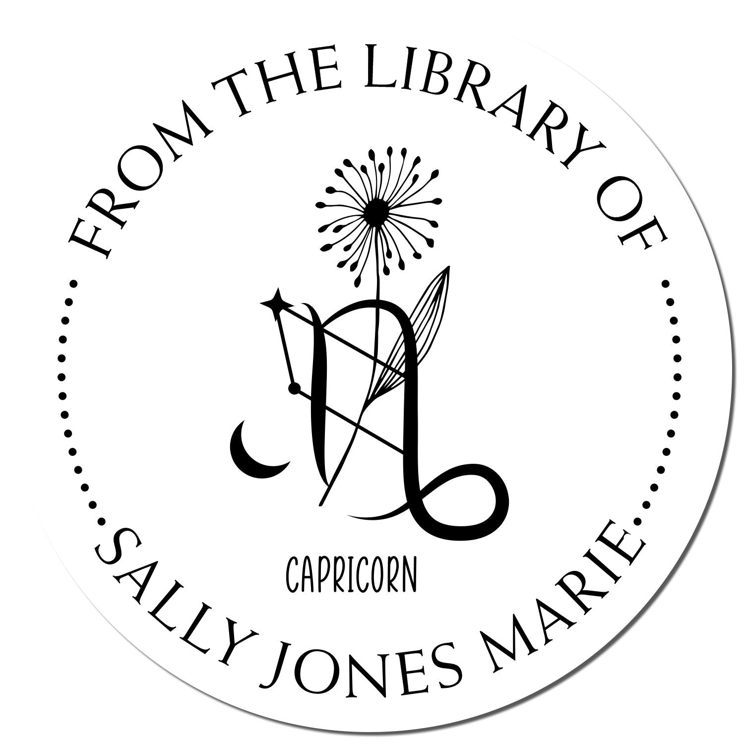 Black Capricorn library stamp seal with dandelion, crescent moon, and Sally Jones Marie text on white background.