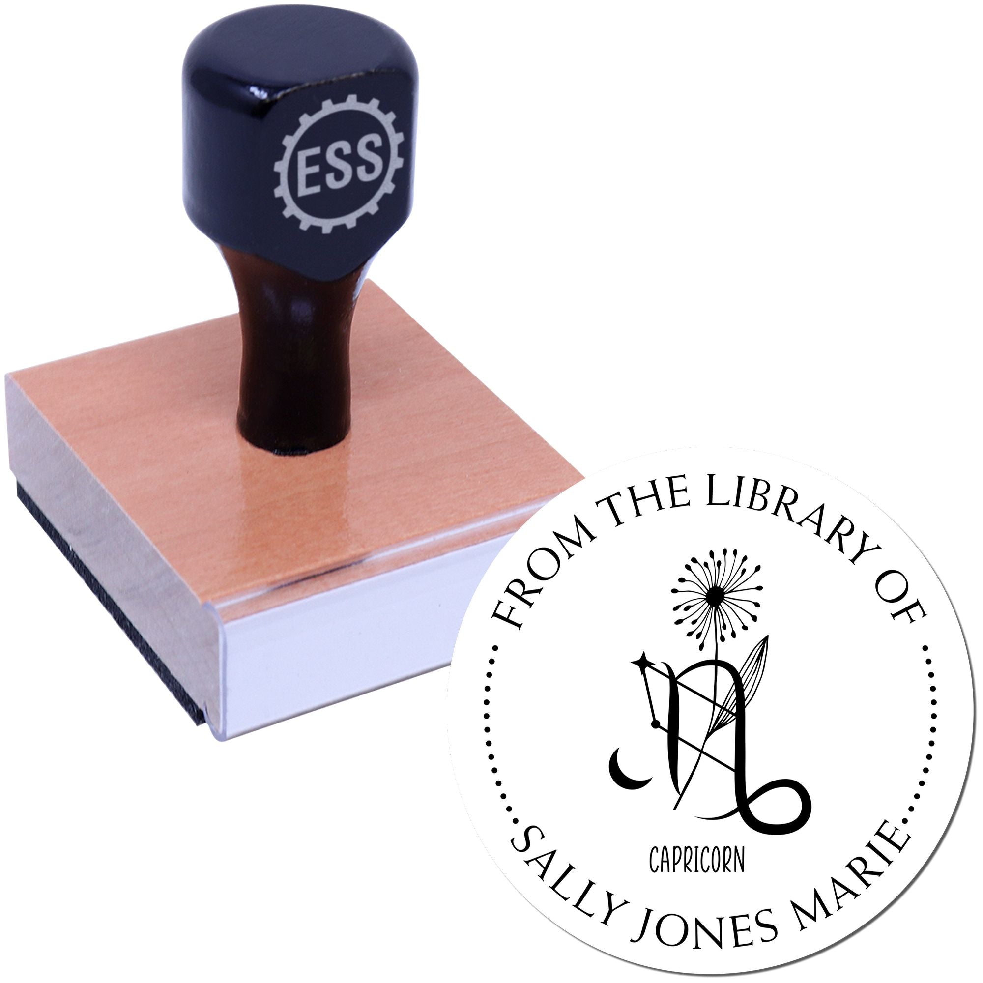 Wood Handle Capricorn Zodiac Symbol with Flowers Custom Library Name Stamp - Engineer Seal Stamps