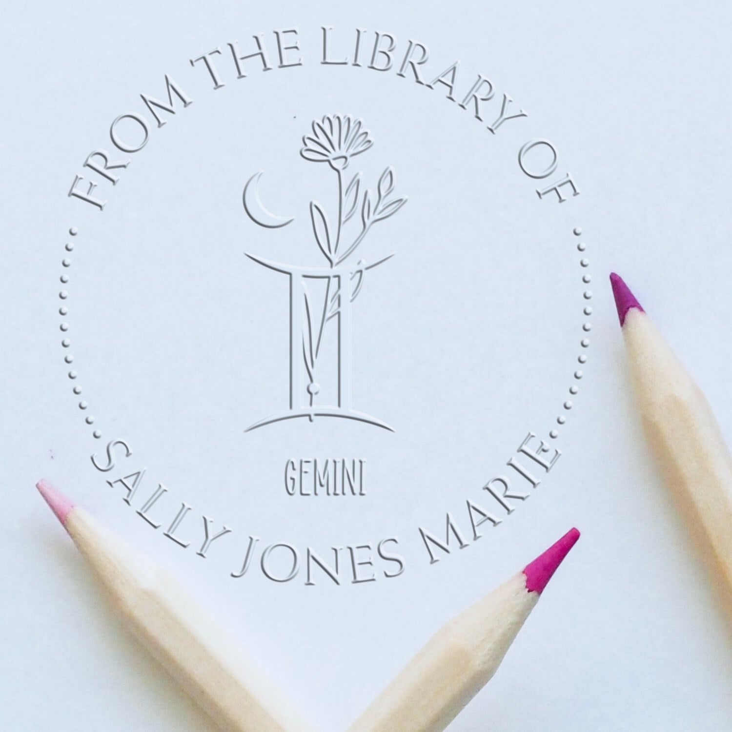 Soft Gemini Zodiac Symbol with Flowers Custom Made Name Embossing Stamp