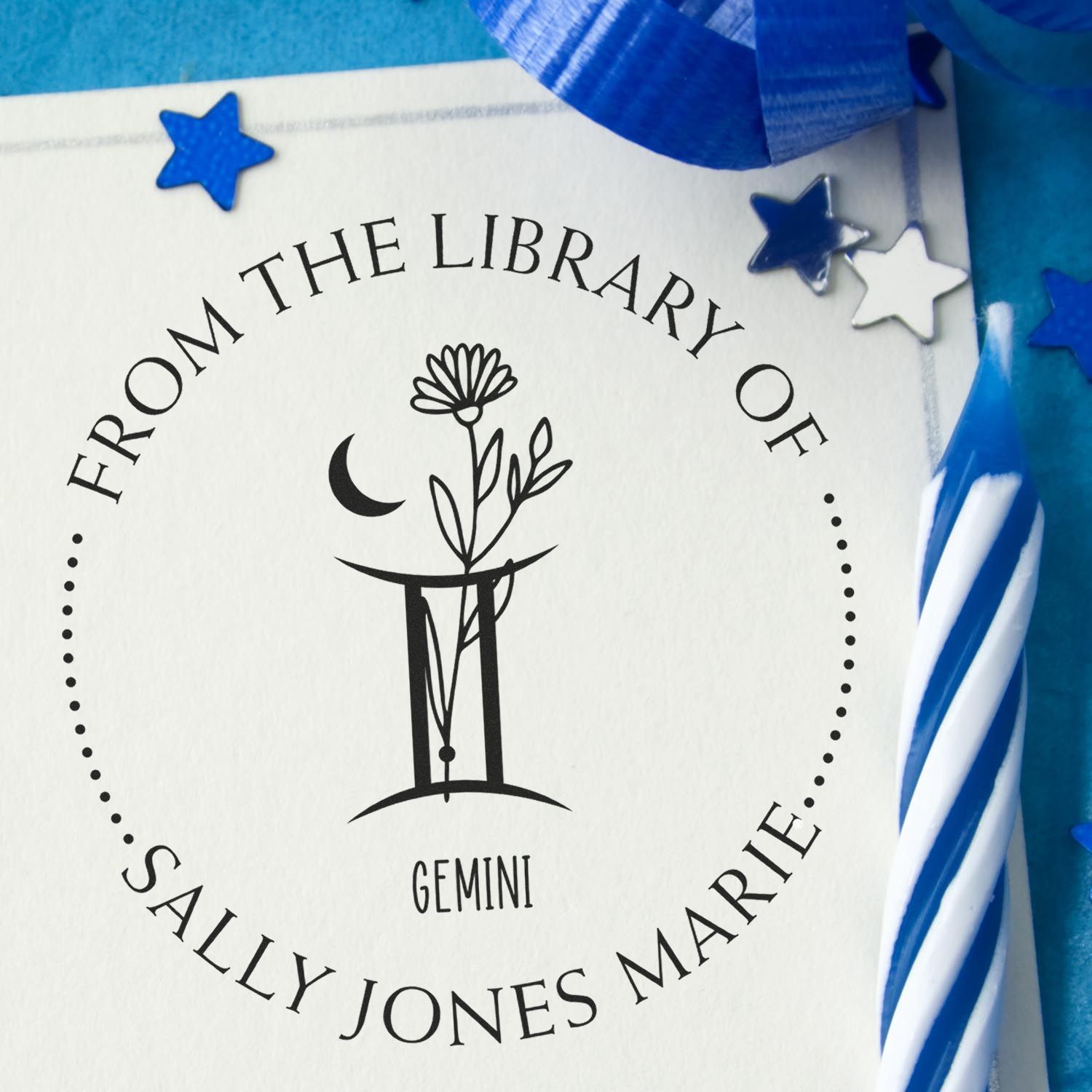 Wood Handle Gemini Zodiac Symbol with Flowers Custom Library Of Stamp - Engineer Seal Stamps